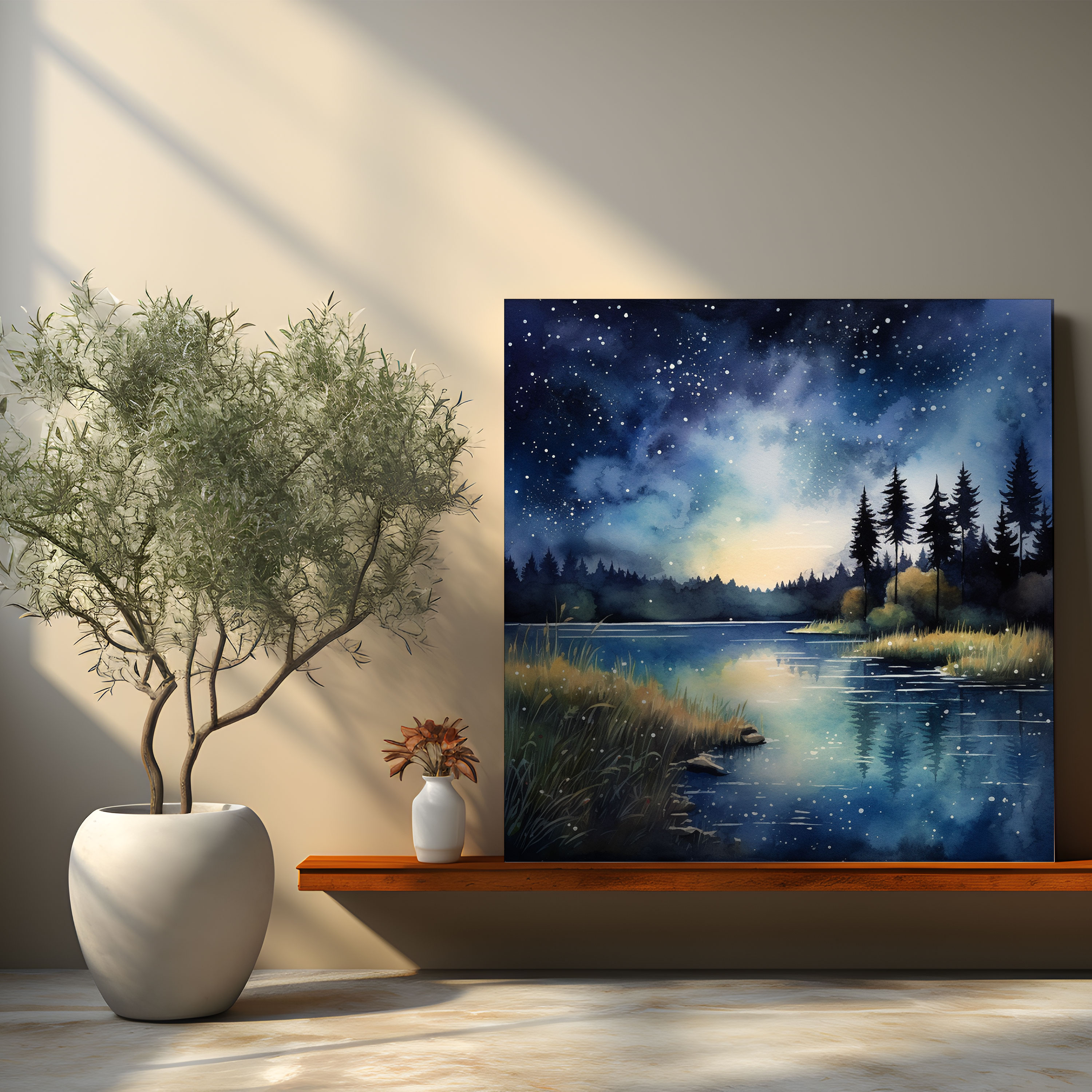 Navy Blue Night Sky Canvas Print - Navy, Serenity, Home Decoration, Tranquil Lake