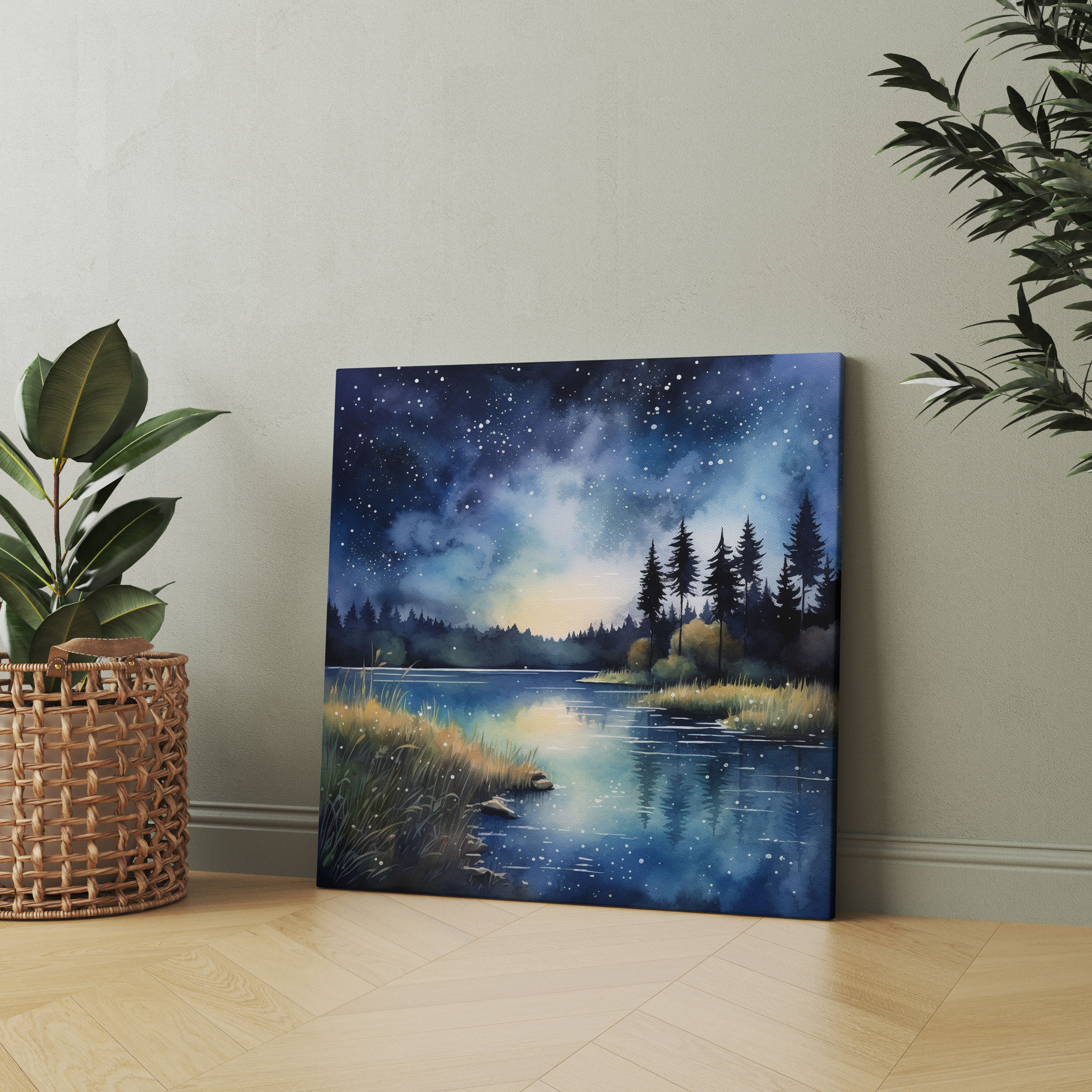 Navy Blue Night Sky Canvas Print - Navy, Serenity, Home Decoration, Tranquil Lake