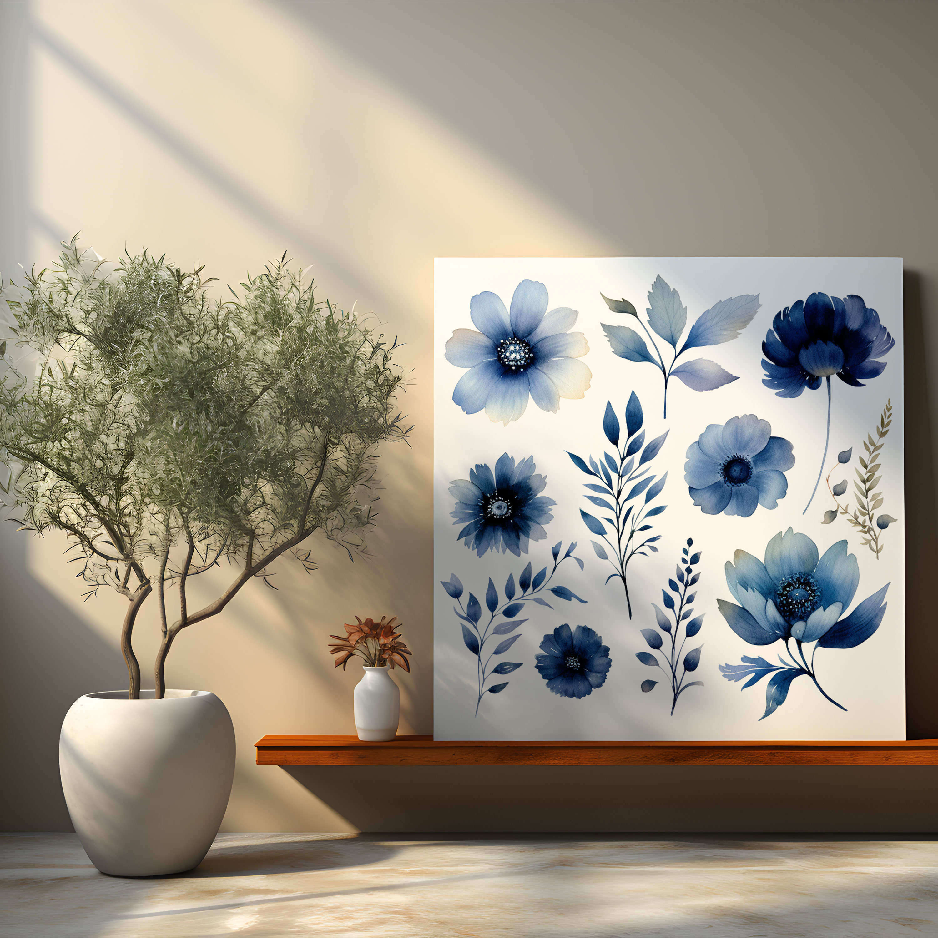 Navy Watercolor Flowers Canvas Print - Navy, Nature, Canvas, Watercolor Flowers