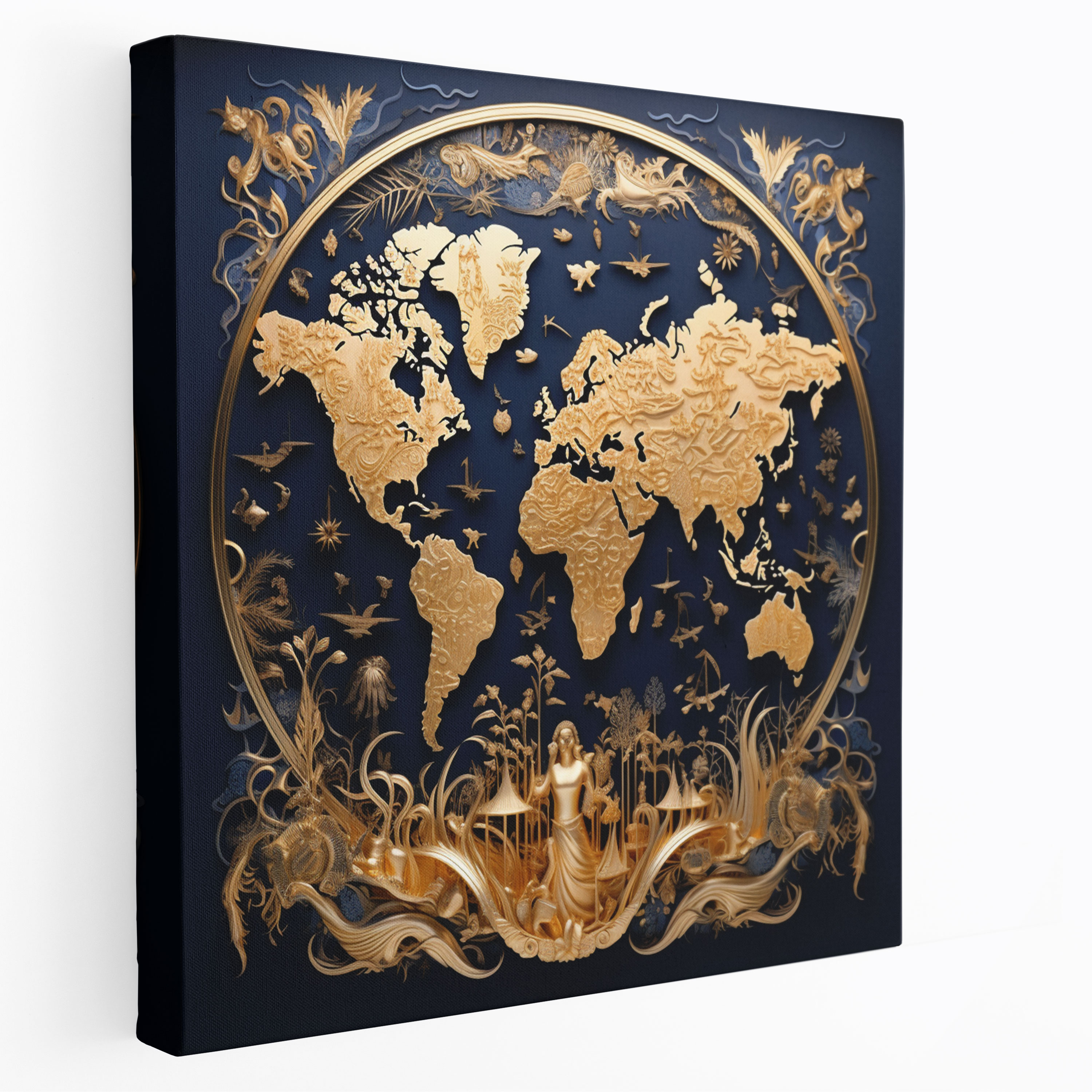 Navy World Map Canvas Print - Navy, World Map, Canvas Print, Golden Highlights