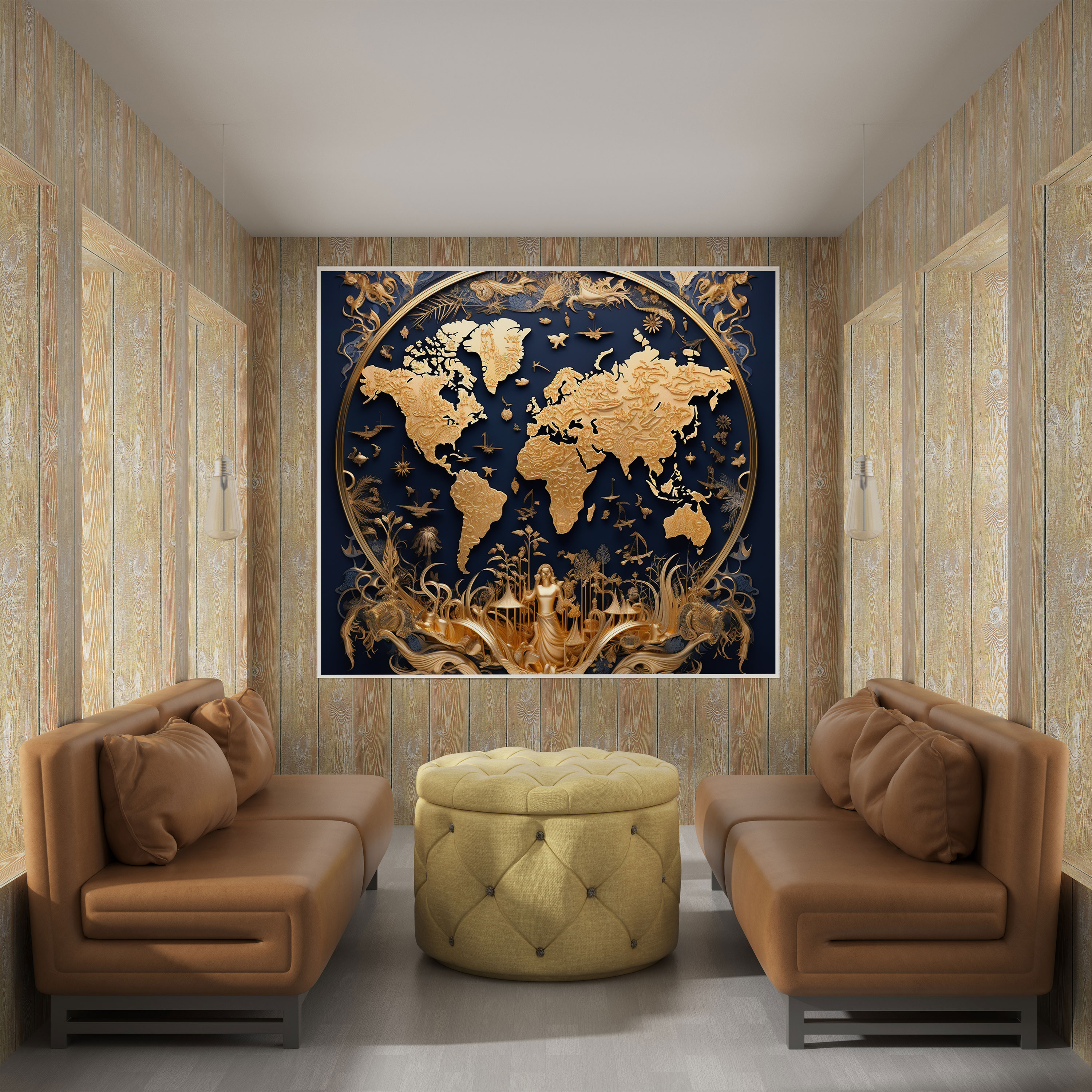 Navy World Map Canvas Print - Navy, World Map, Canvas Print, Golden Highlights