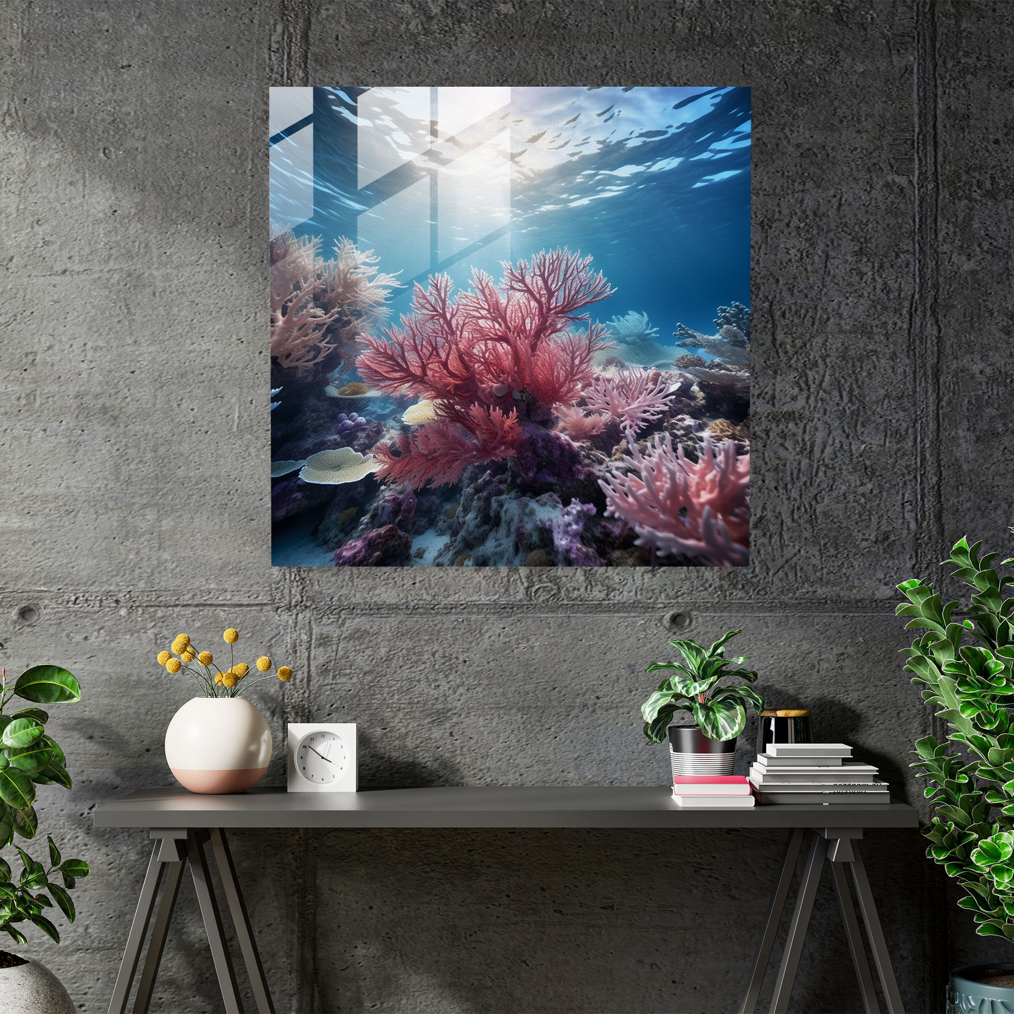 Navy Coral Glass Wall Art - Navy, Wall Decoration, Navy, Glass Wall Art