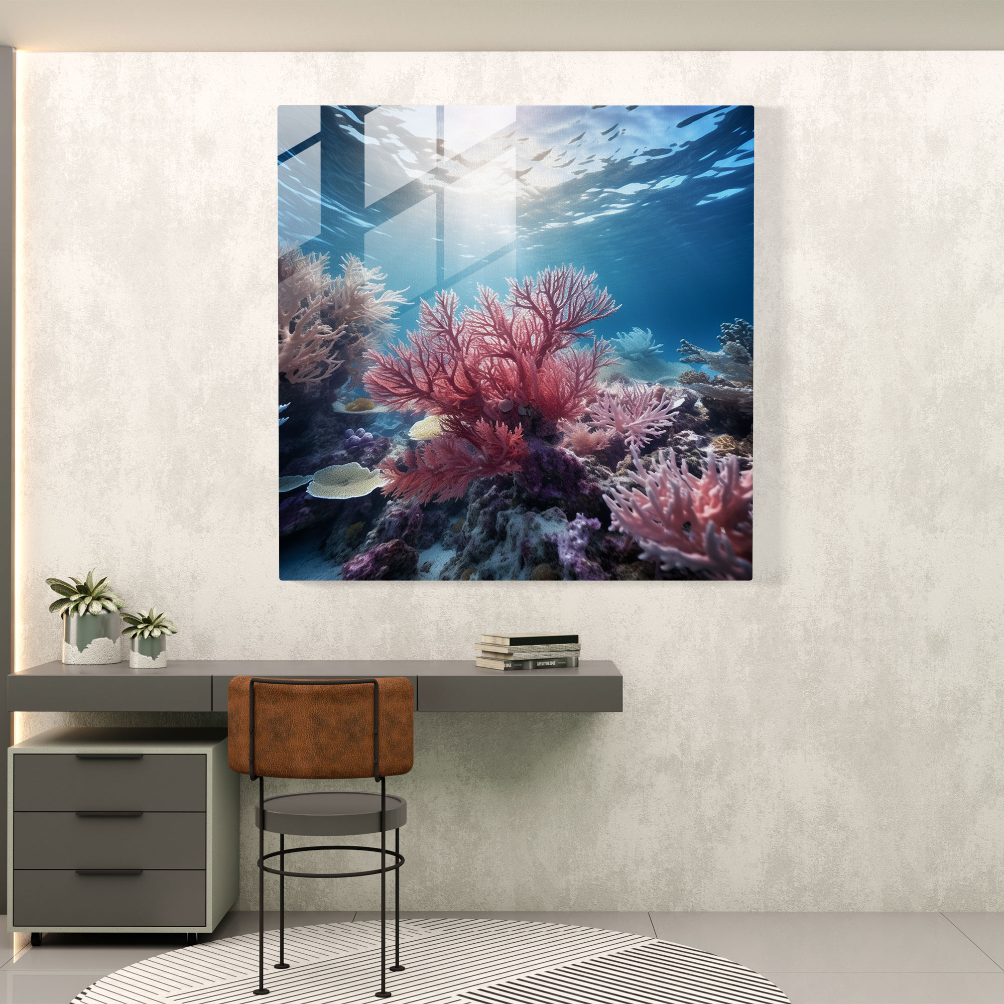 Navy Coral Glass Wall Art - Navy, Wall Decoration, Navy, Glass Wall Art