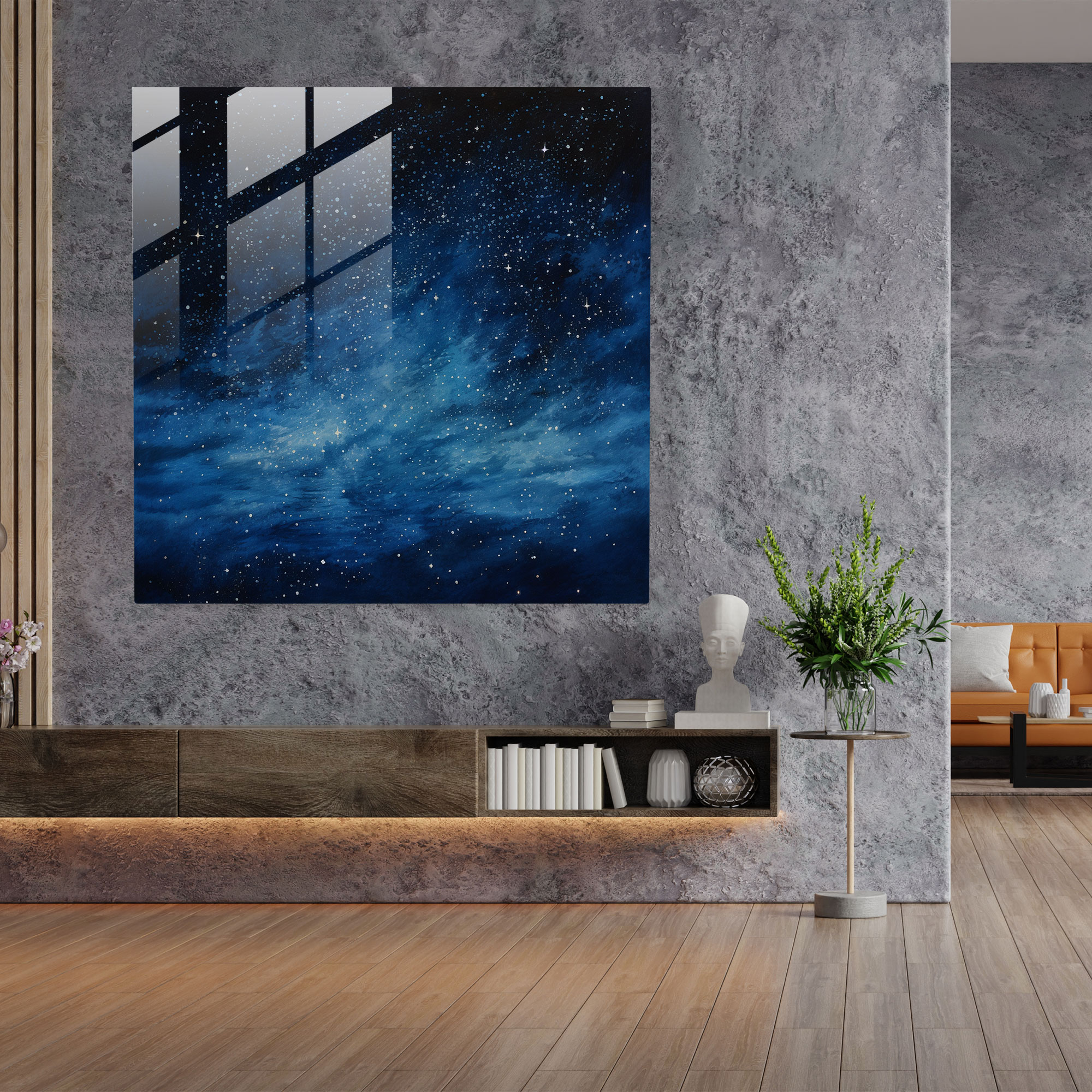 Navy Night Sky Glass Print - Navy, Wall Decoration, Night Sky Painting, Home Decoration