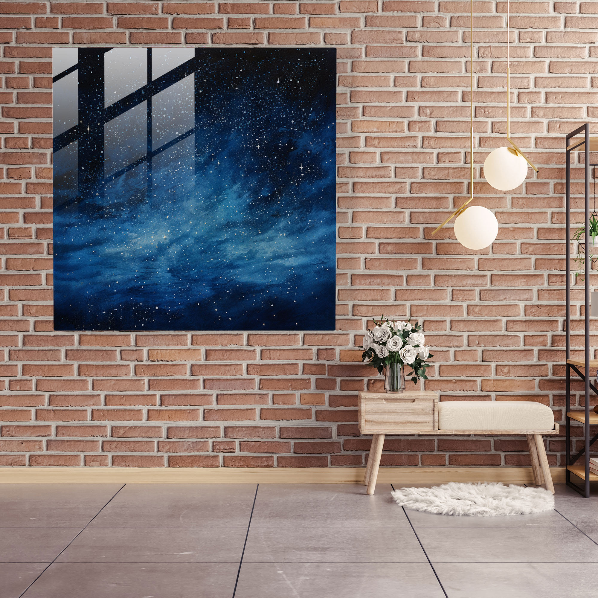 Navy Night Sky Glass Print - Navy, Wall Decoration, Night Sky Painting, Home Decoration