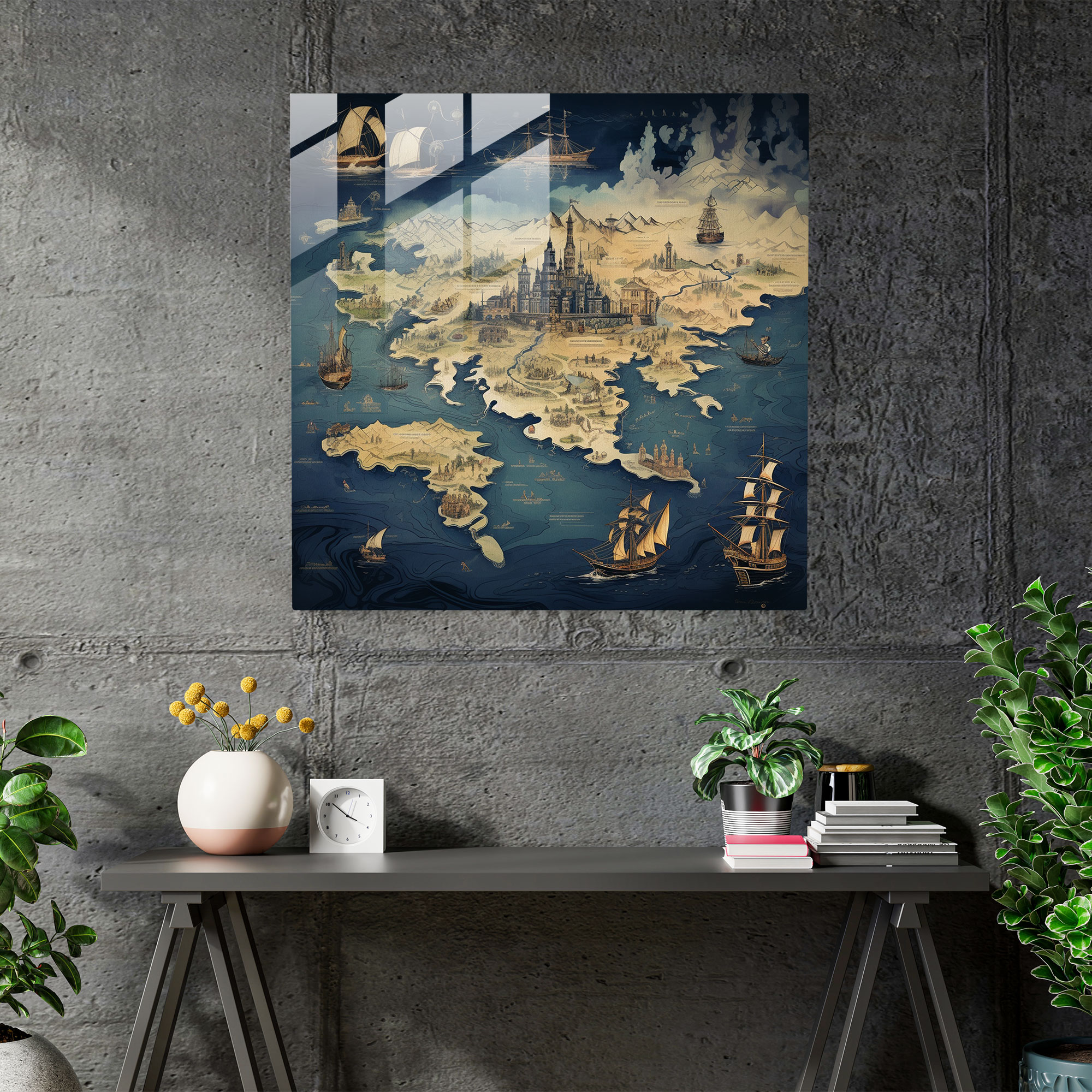 Navy Map Glass Wall Art - Navy, Detailed Landmarks, Navy Blue, Glass Wall Art