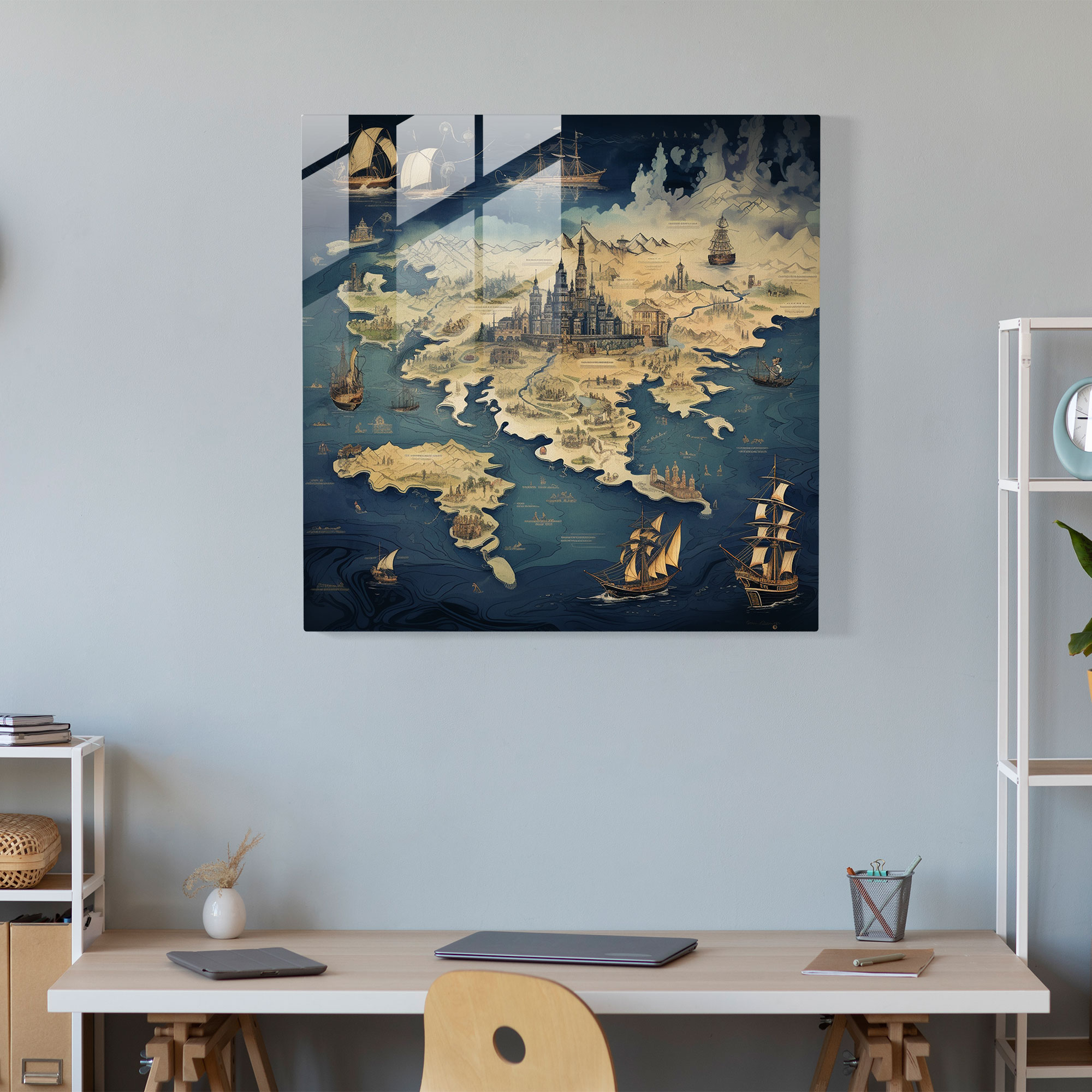 Navy Map Glass Wall Art - Navy, Detailed Landmarks, Navy Blue, Glass Wall Art