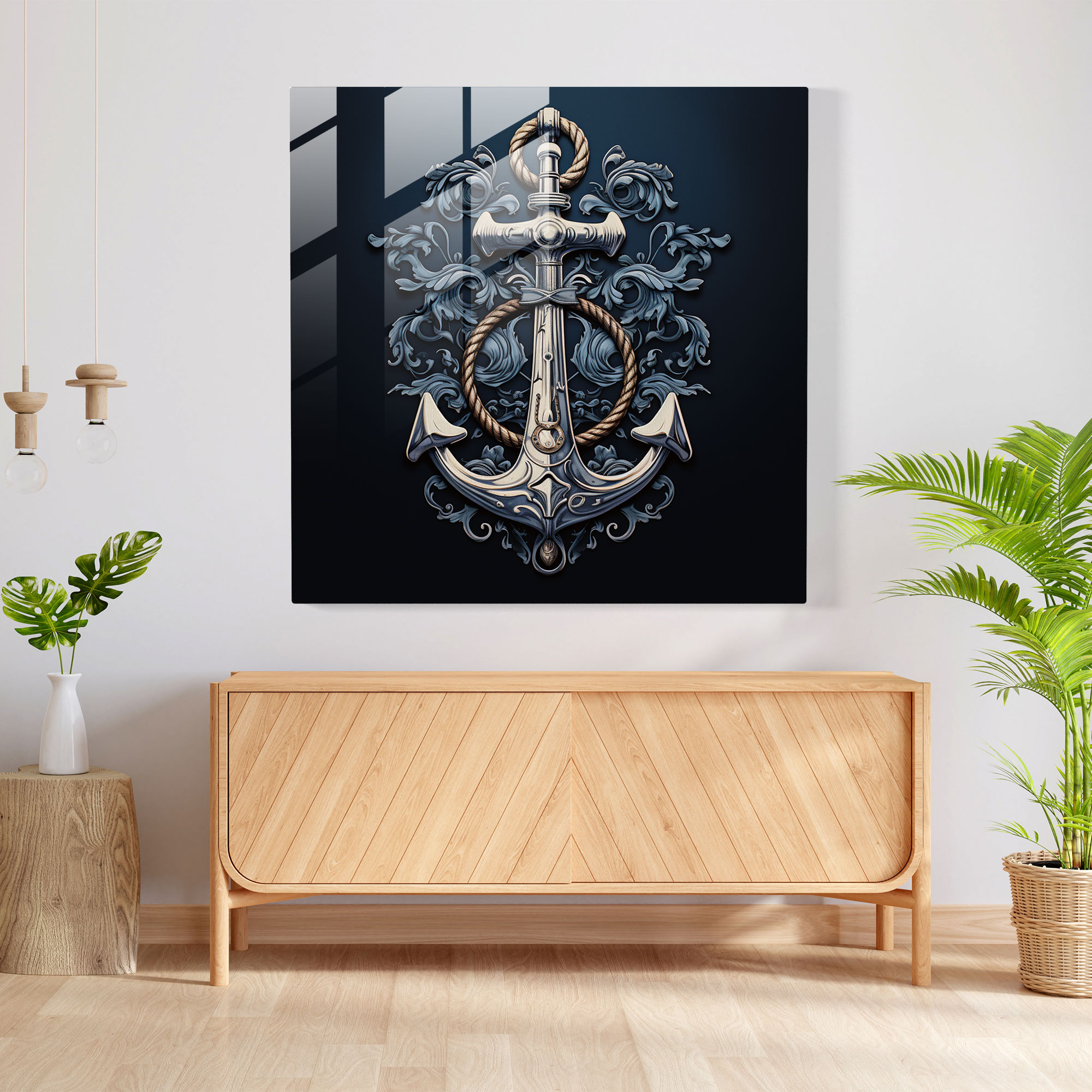 Navy Glass Wall Art - Artistic Navy Blue Anchor - Navy, Modern Art, Artistic Anchor Print, Navy Art