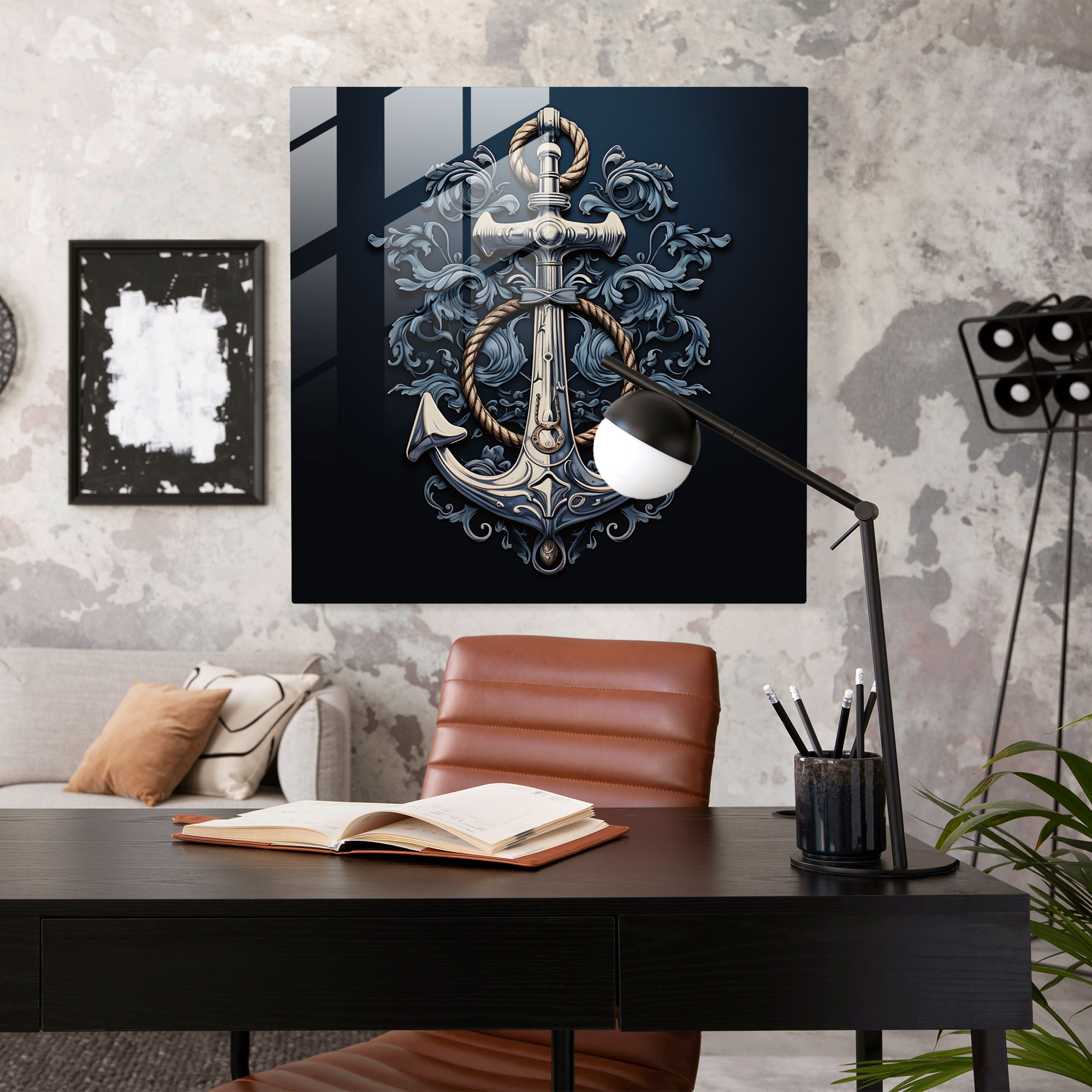 Navy Glass Wall Art - Artistic Navy Blue Anchor - Navy, Modern Art, Artistic Anchor Print, Navy Art