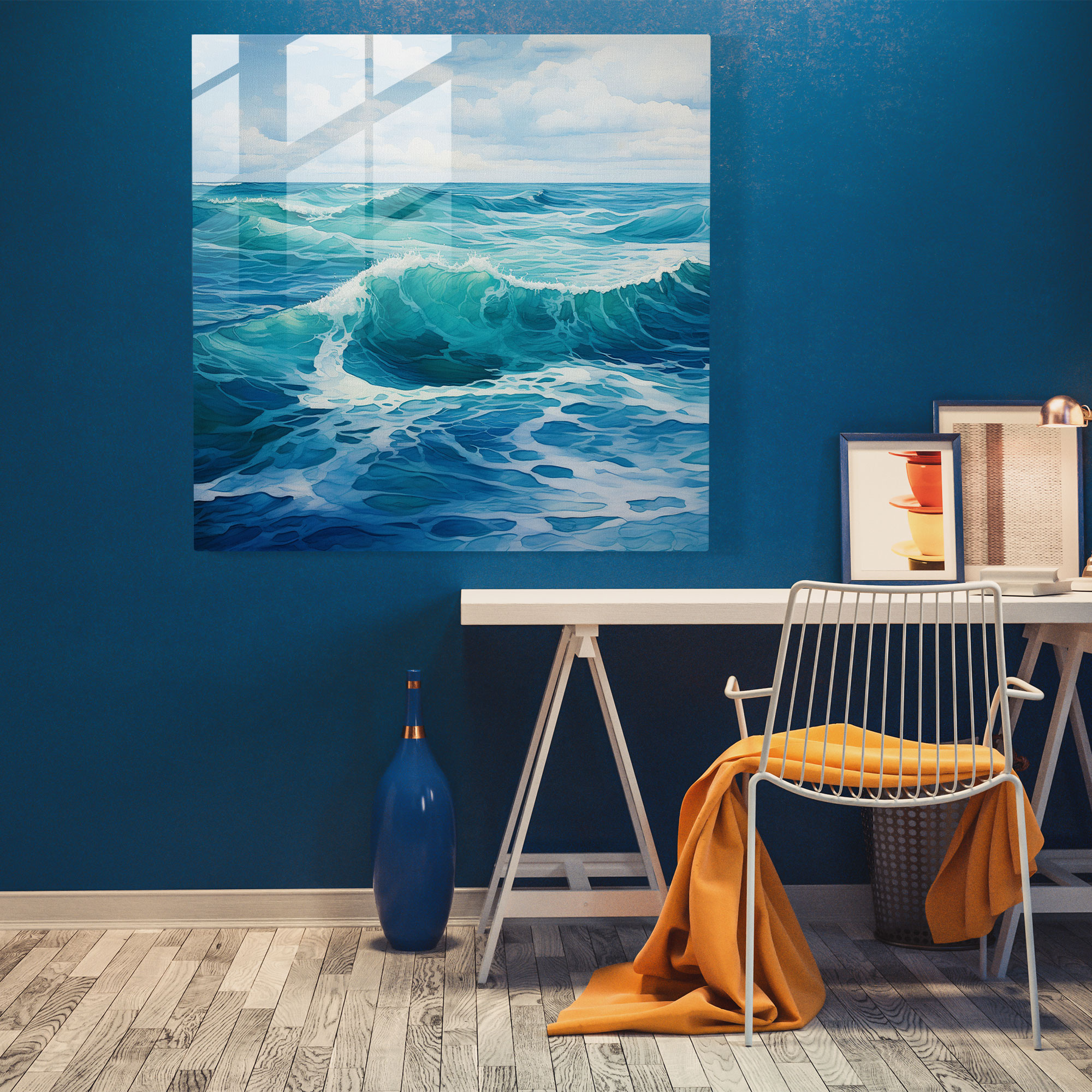 Navy Glass Print - Serene Ocean Waves - Navy, Ocean Decor, Wall Decoration, Home Decoration