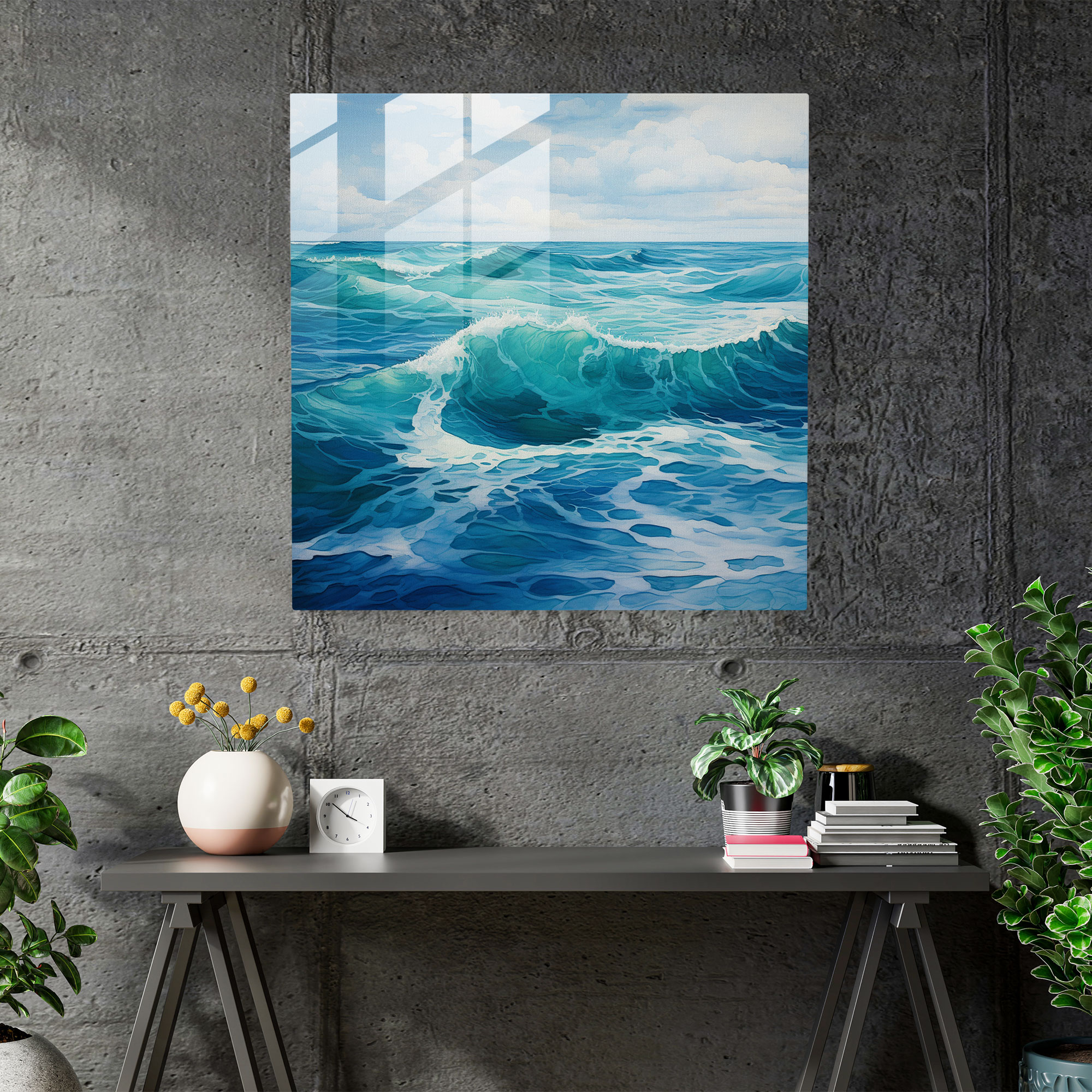 Navy Glass Print - Serene Ocean Waves - Navy, Ocean Decor, Wall Decoration, Home Decoration