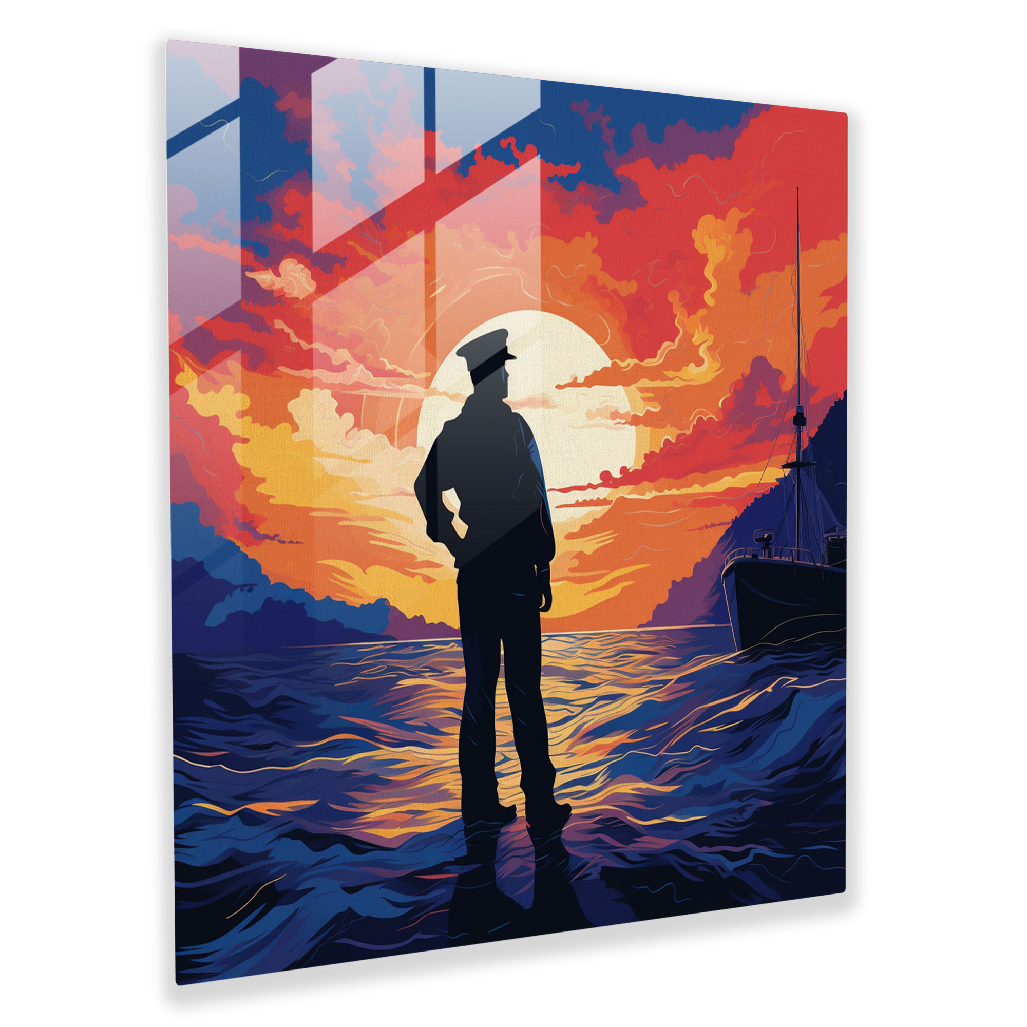 Navy Glass Print - Sailor Silhouette At Sunset - Navy, Modern Art, Maritime Decor, Home Decoration