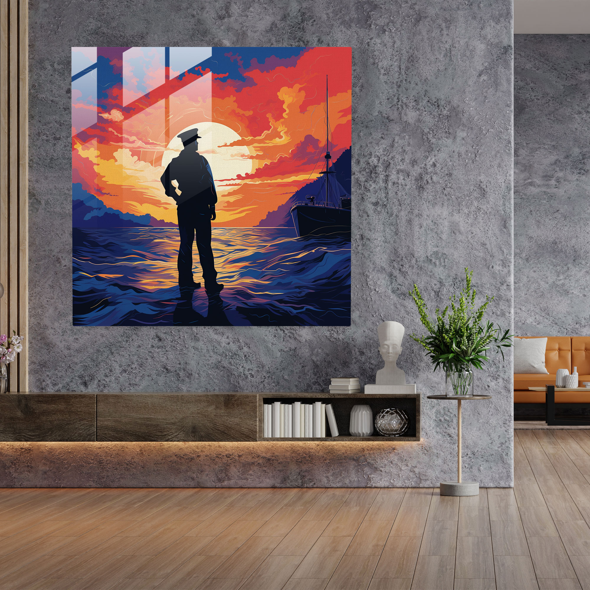 Navy Glass Print - Sailor Silhouette At Sunset - Navy, Modern Art, Maritime Decor, Home Decoration