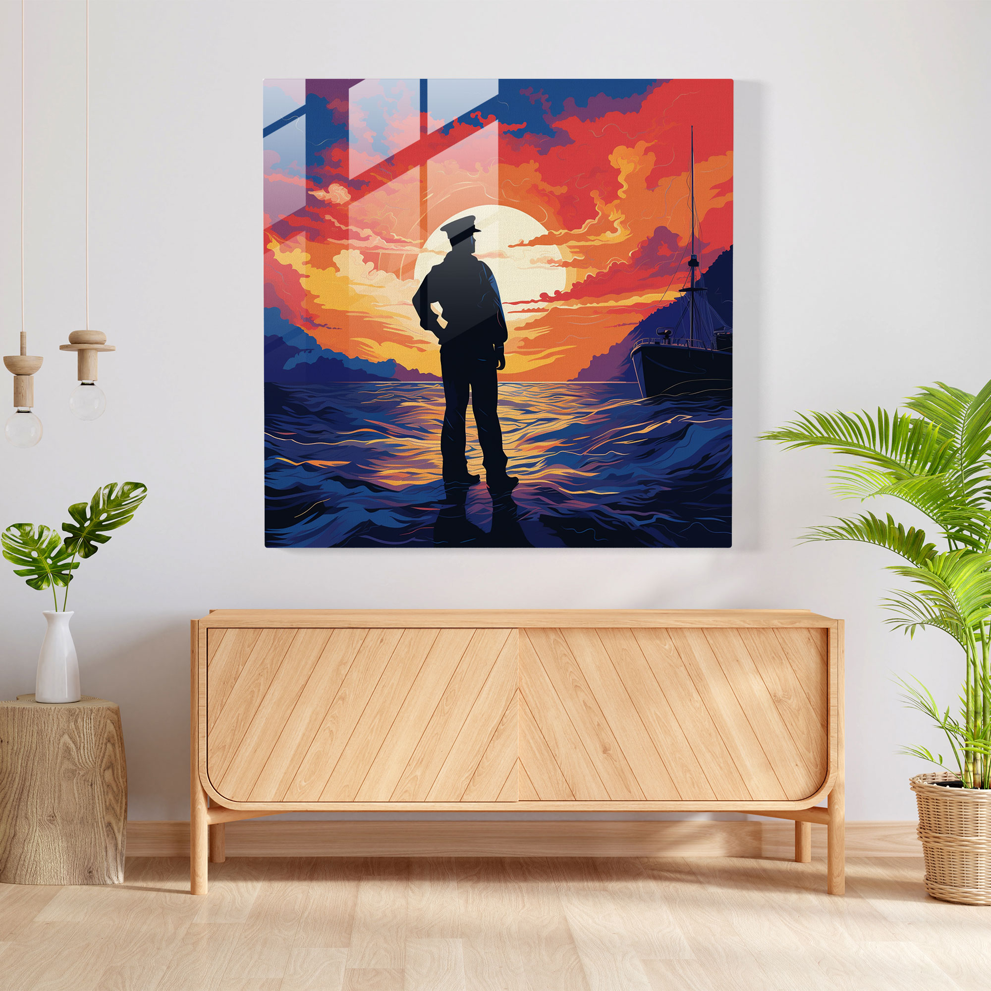 Navy Glass Print - Sailor Silhouette At Sunset - Navy, Modern Art, Maritime Decor, Home Decoration