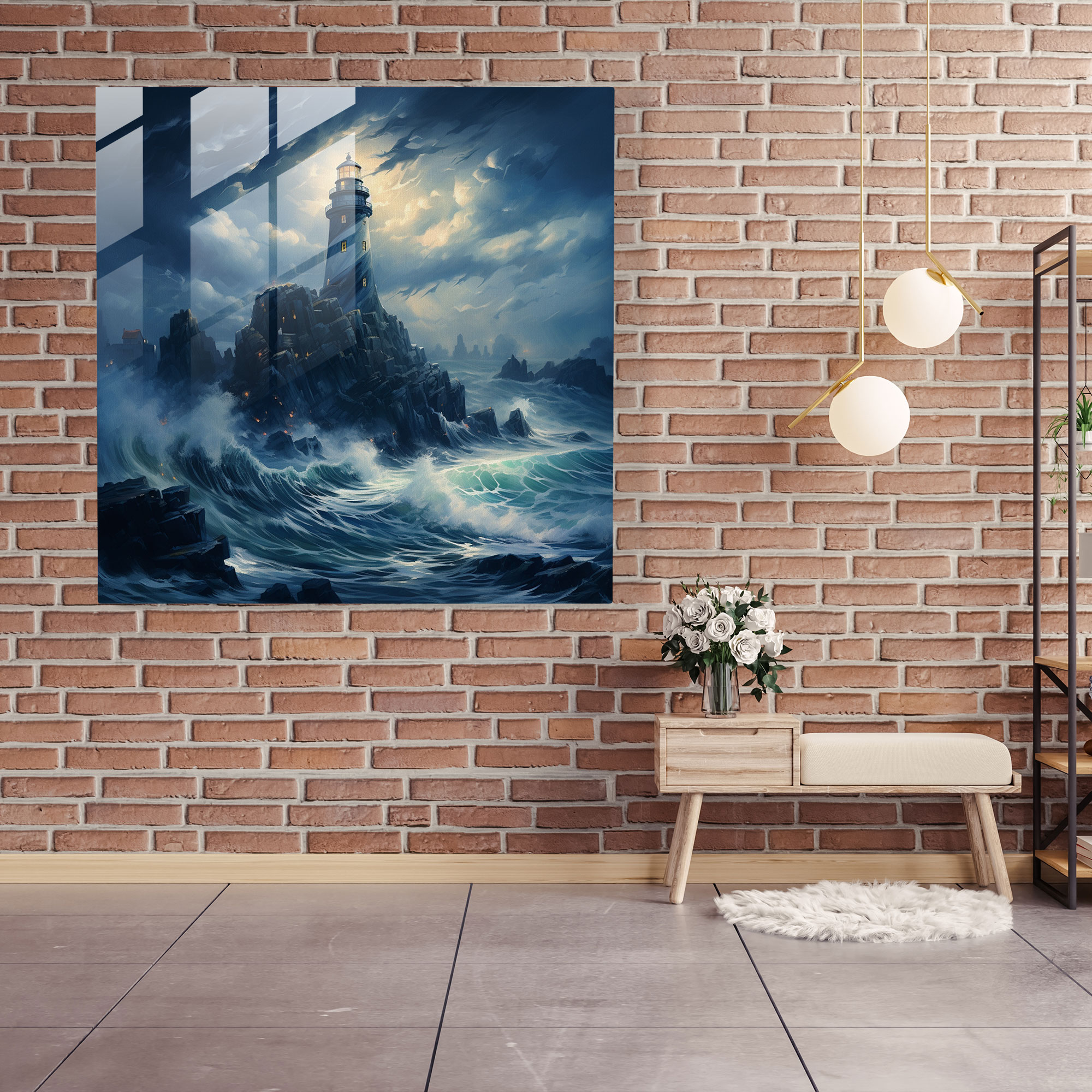 Navy Glass Print - Modern Lighthouse On Rocky Cliff - Navy, Navy Glass Print, Home Decoration, Wall Decoration