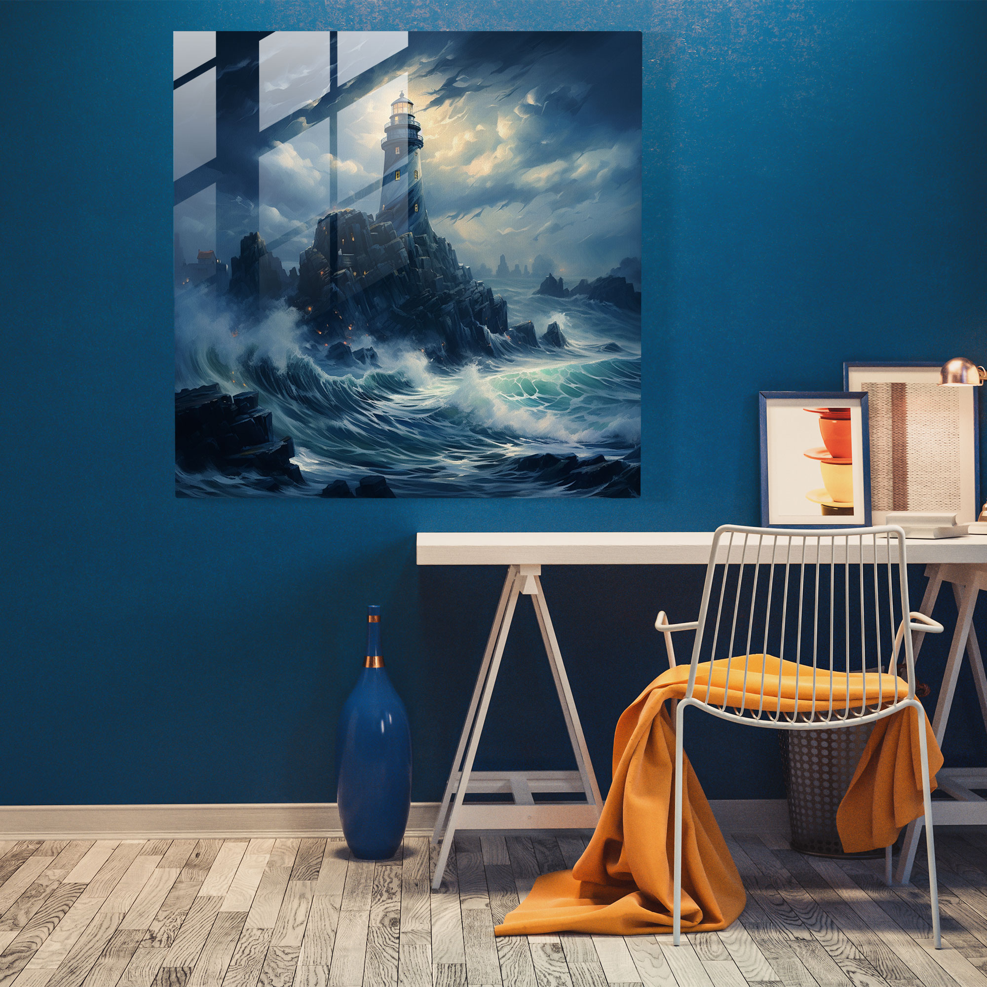 Navy Glass Print - Modern Lighthouse On Rocky Cliff - Navy, Navy Glass Print, Home Decoration, Wall Decoration