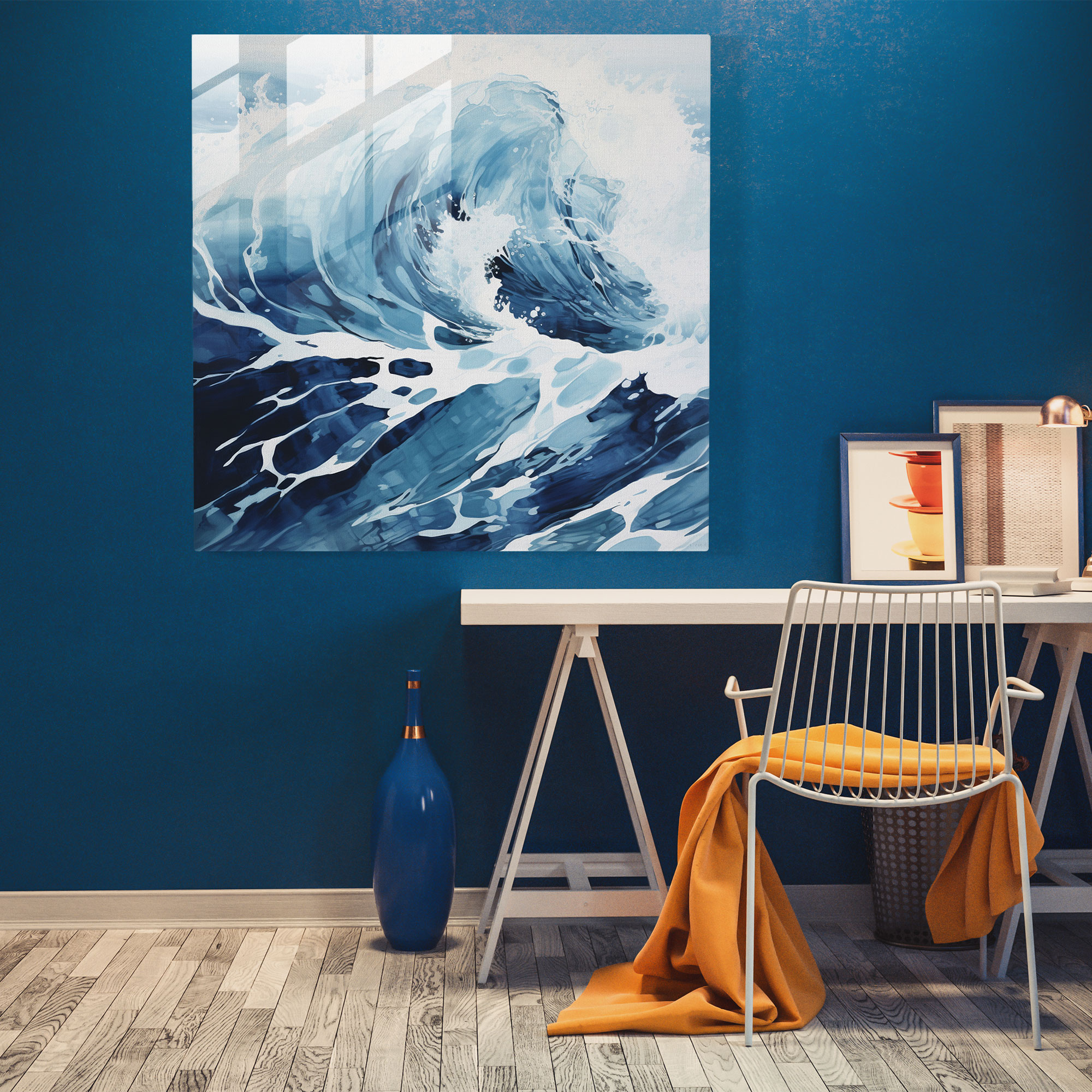 Blue Glass Print: Wave Of Tranquility - Navy, Glass Print, Modern Art, Glass Art