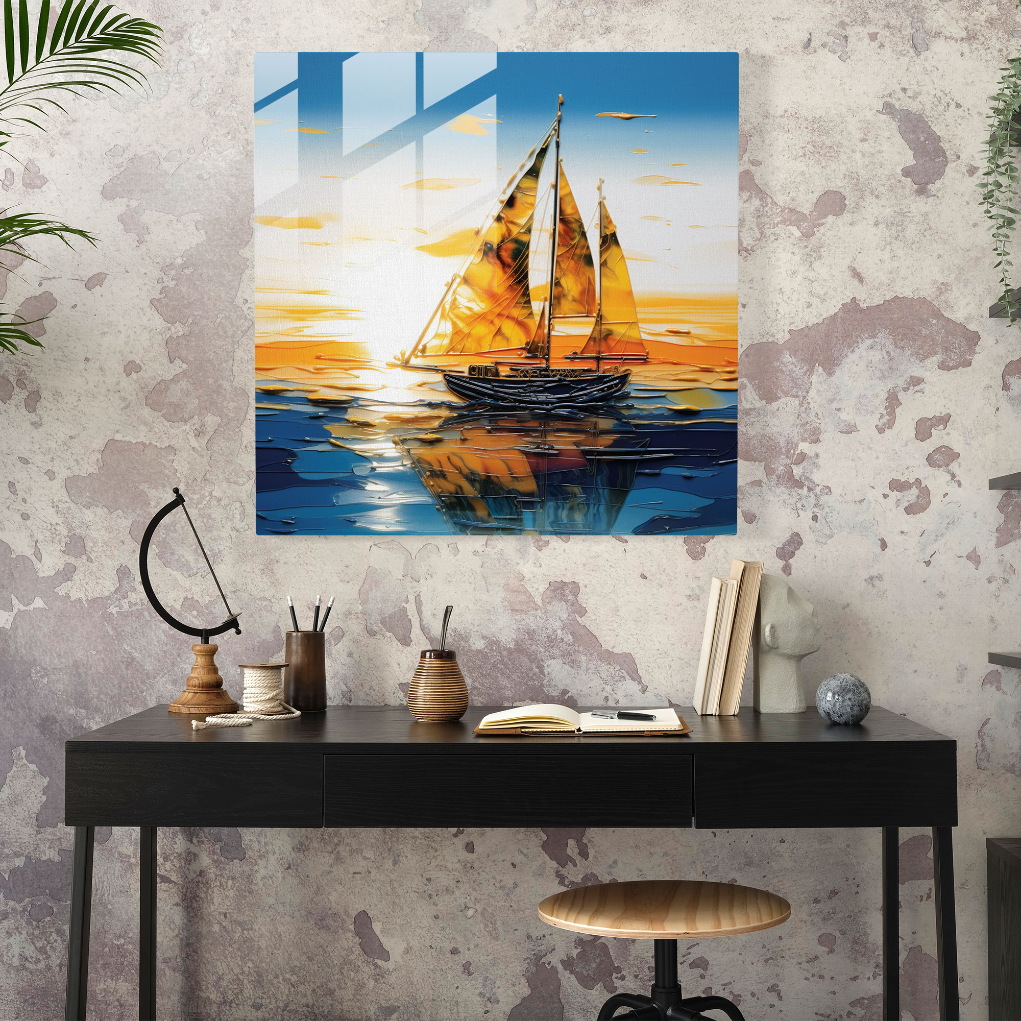 Sail Away Glass Wall Art - Navy, Sunset, Sailboat, Wall Decoration