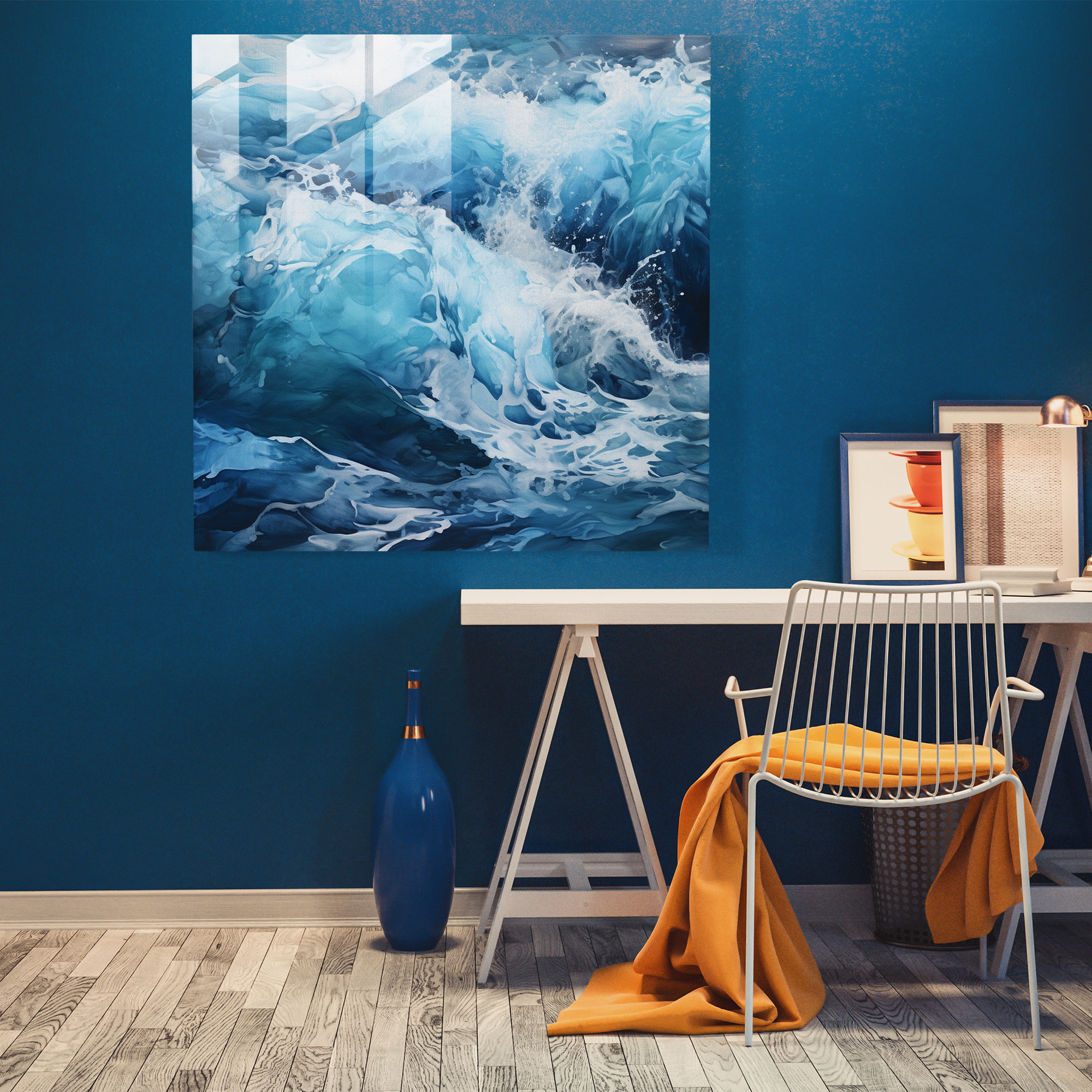 Crashing Fury Glass Wall Art - Navy, Home Decoration, Modern Art, Glass Print