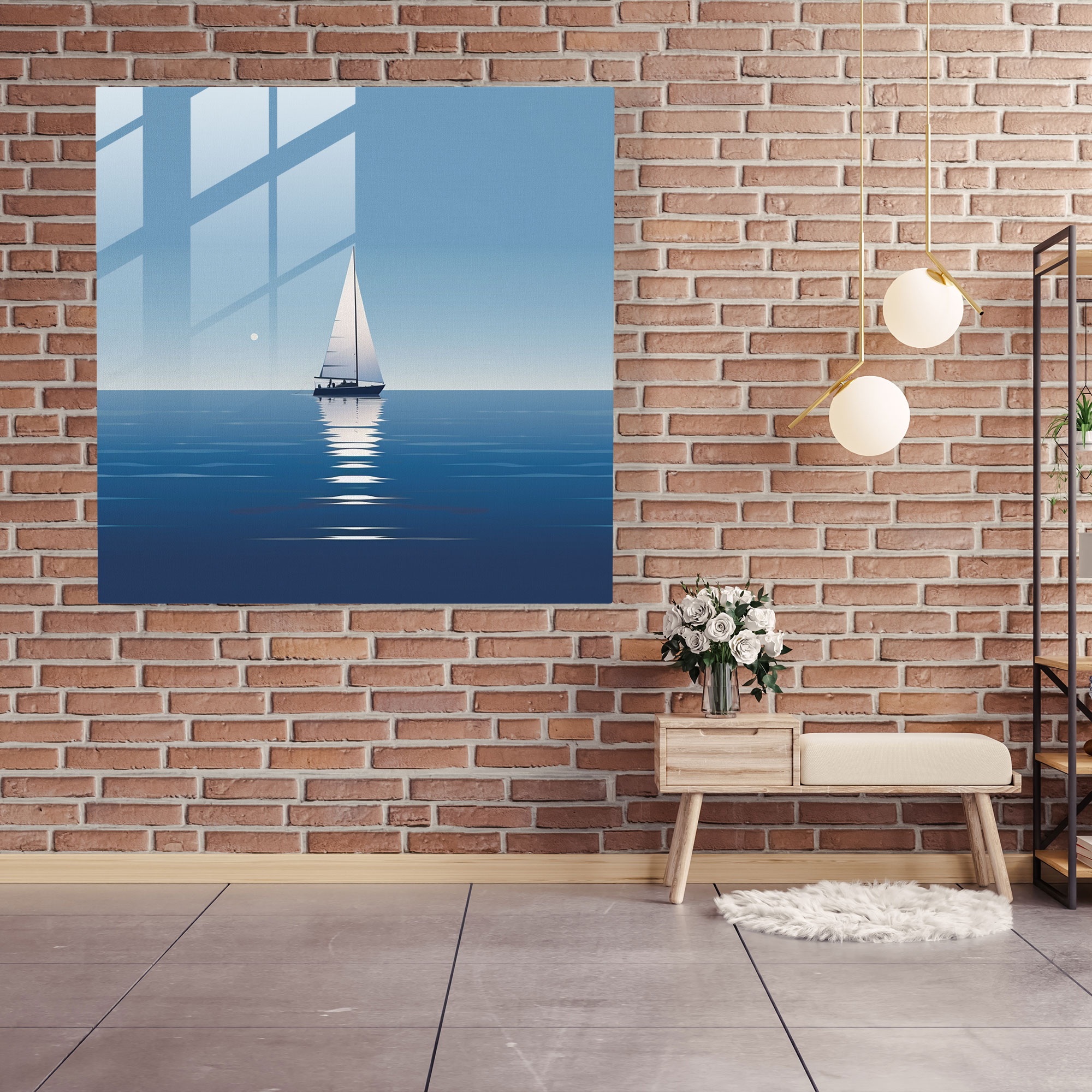 Minimalist Sailboat Glass Wall Art - Navy, Wall Decoration, Navy, Glass Art