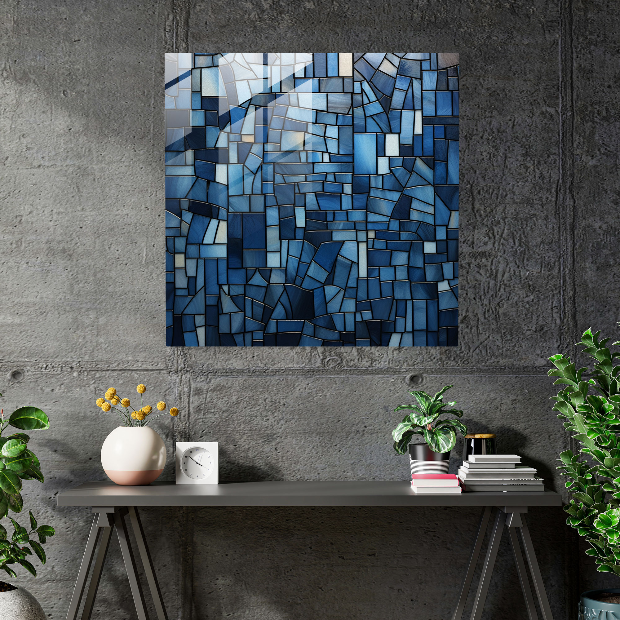 Navy Geometric Mosaic Glass Print - Navy, Stained Glass Window, Home Decoration, Glass Wall Art