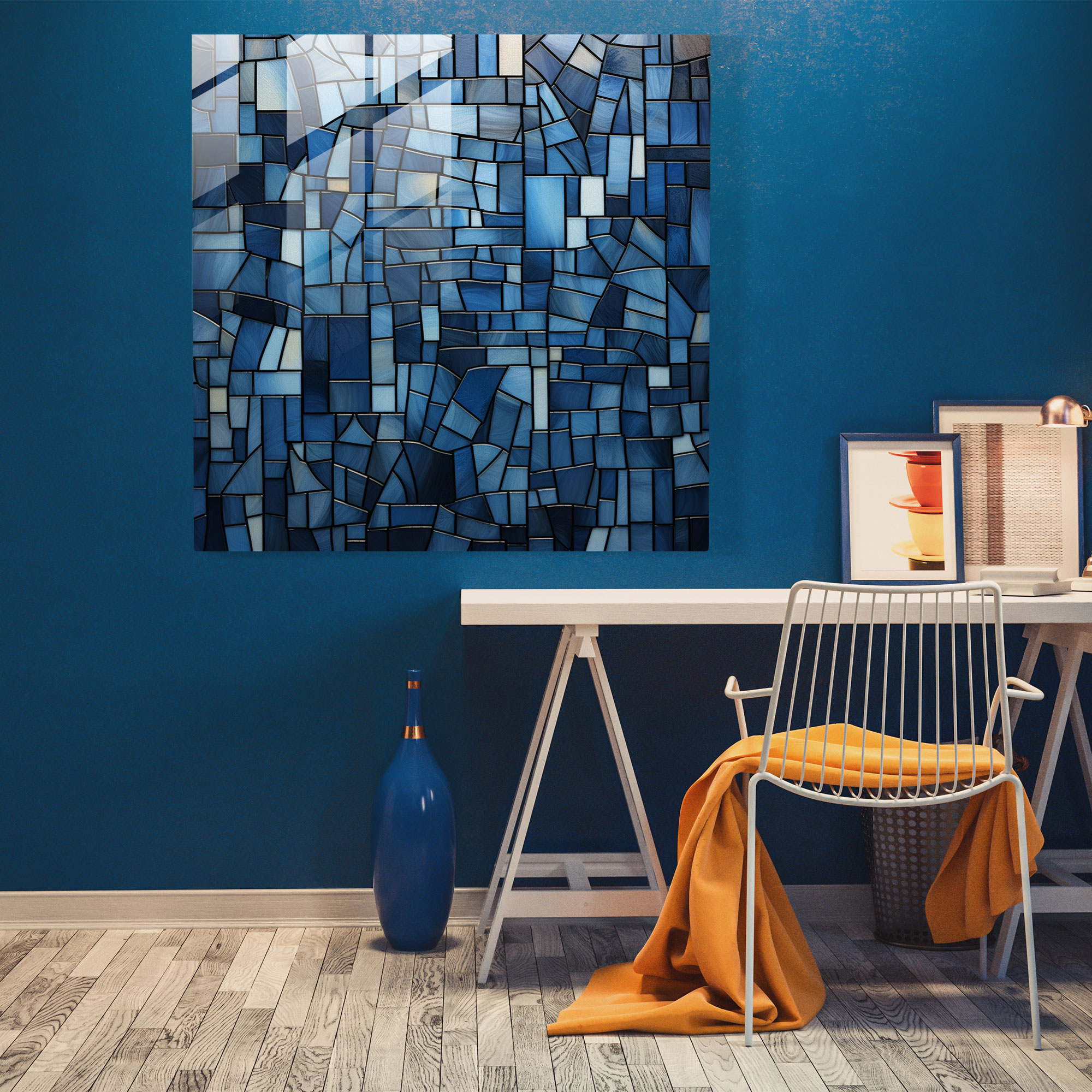 Navy Geometric Mosaic Glass Print - Navy, Stained Glass Window, Home Decoration, Glass Wall Art