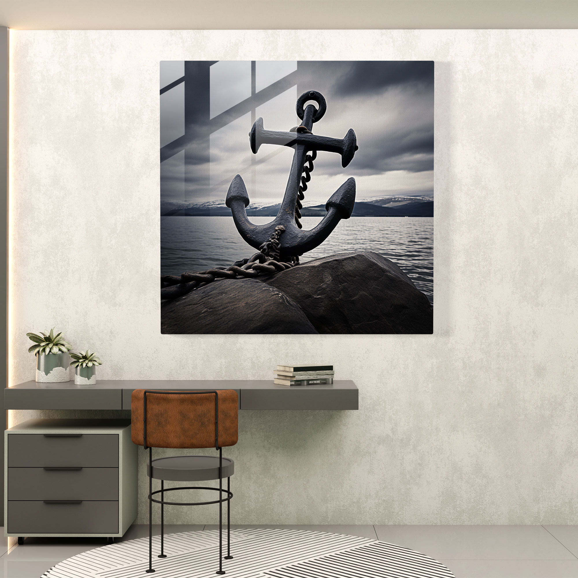 Majestic Anchor Glass Print - Navy, Glass Art, Glass Print, Wall Decoration