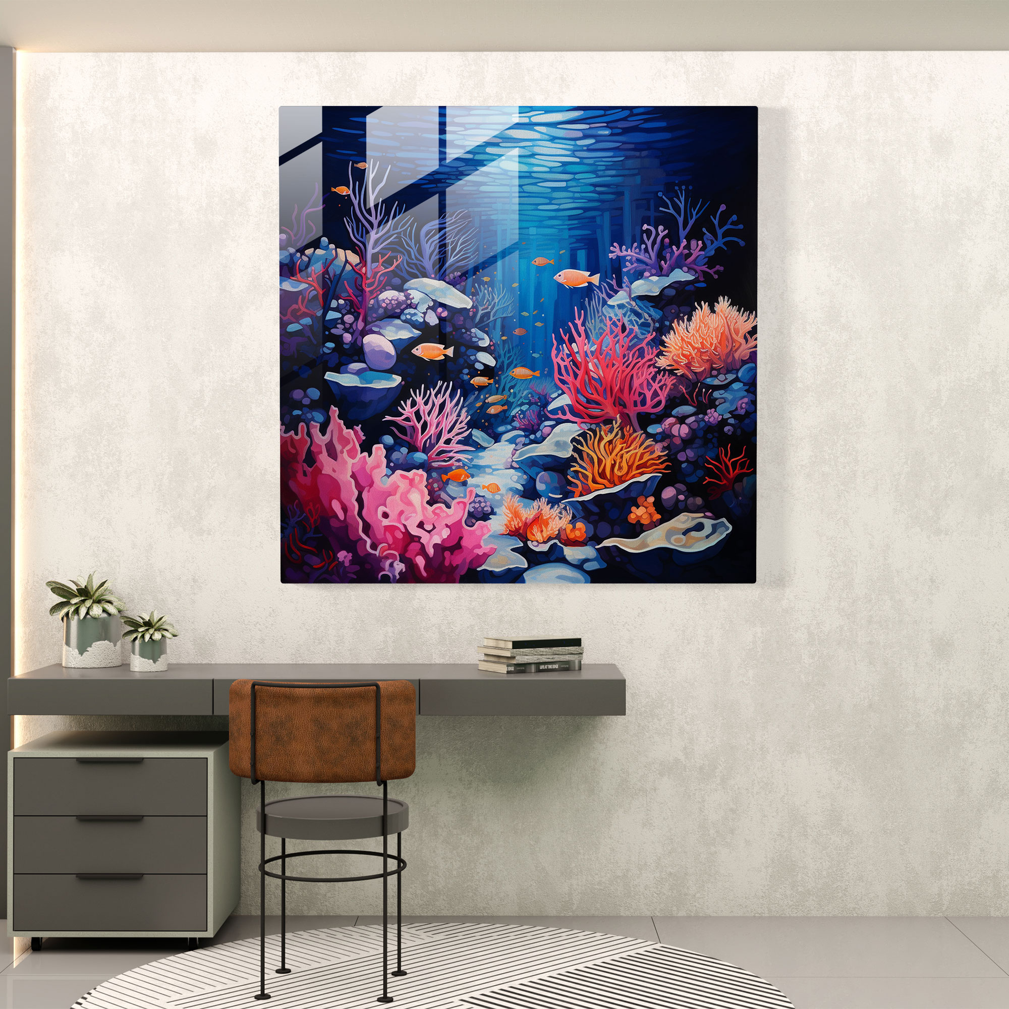 Vibrant Coral Reef Glass Print - Navy, Navy, Wall Decoration, Home Decoration