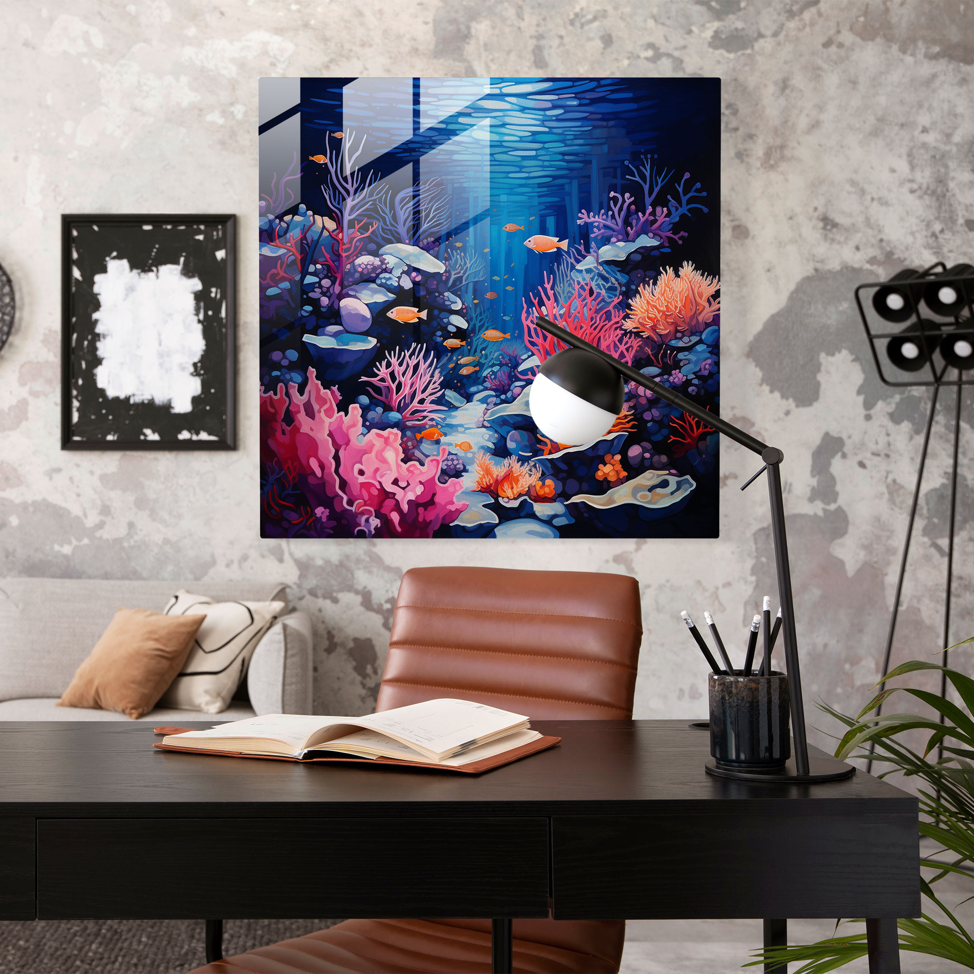 Vibrant Coral Reef Glass Print - Navy, Navy, Wall Decoration, Home Decoration