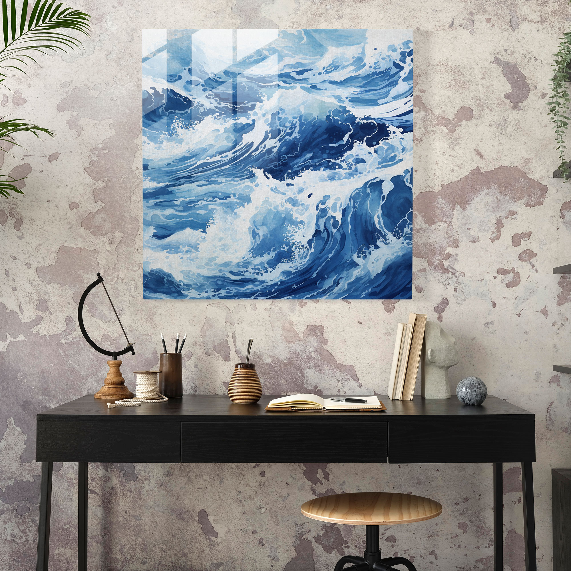 Navy Blue Glass Print - Abstract Ocean Waves - Navy, Ocean Waves, Glass Wall Art, Brush Strokes