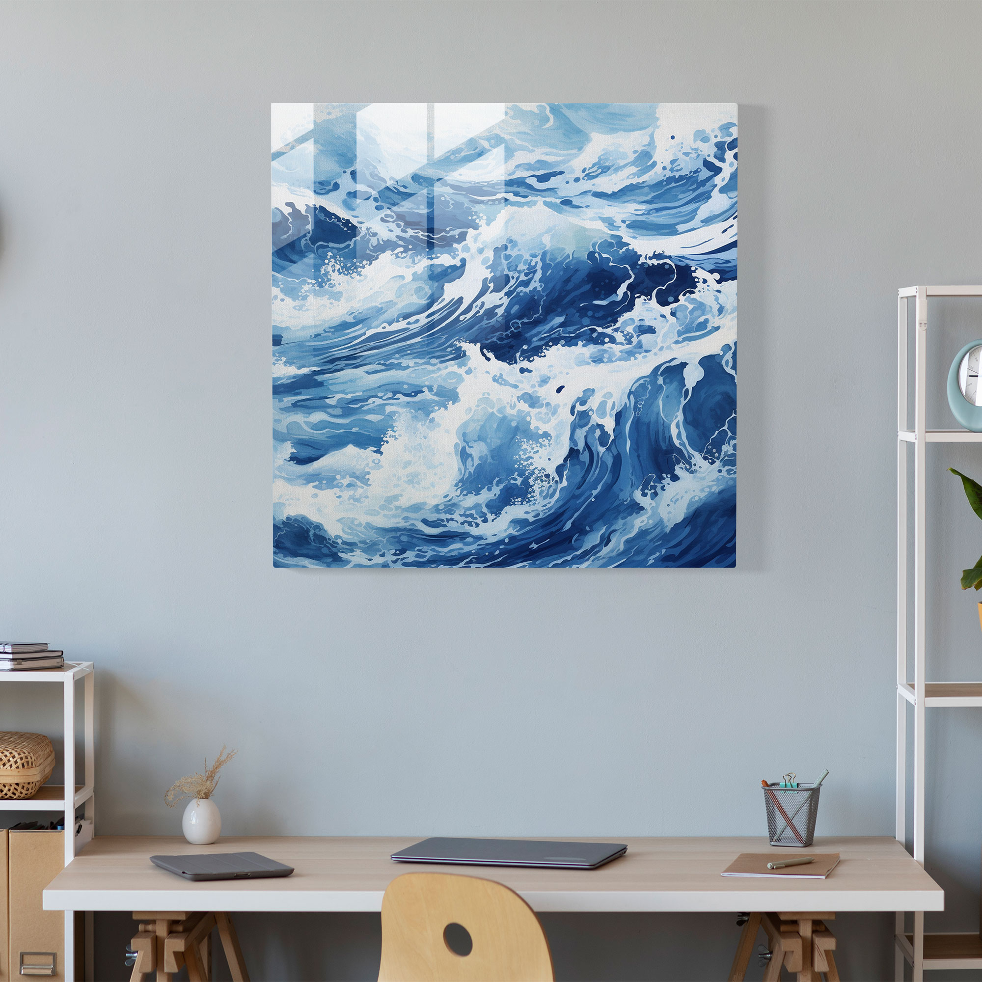 Navy Blue Glass Print - Abstract Ocean Waves - Navy, Ocean Waves, Glass Wall Art, Brush Strokes