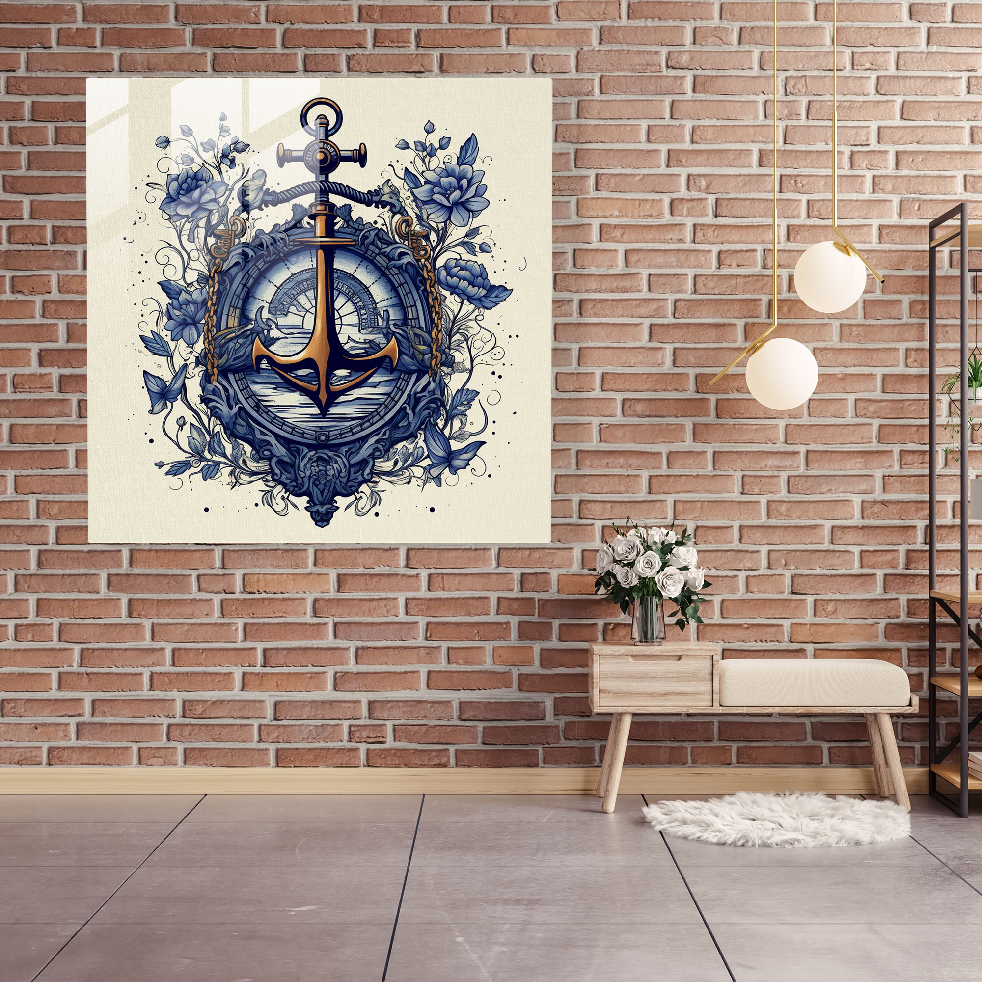 Navy Anchor Glass Print - Vintage Nautical Theme - Navy, Navy, Wall Decoration, Vintage