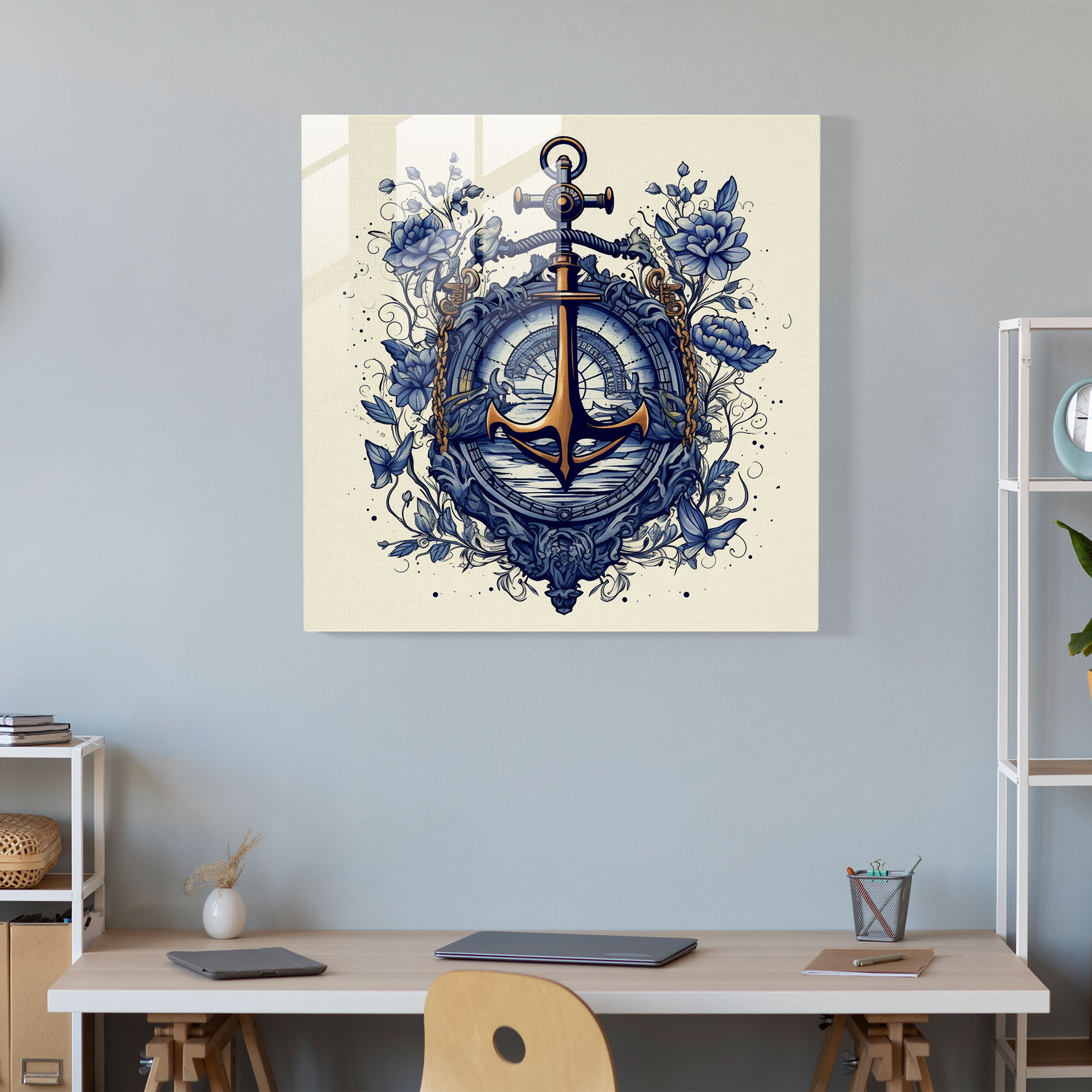Navy Anchor Glass Print - Vintage Nautical Theme - Navy, Navy, Wall Decoration, Vintage