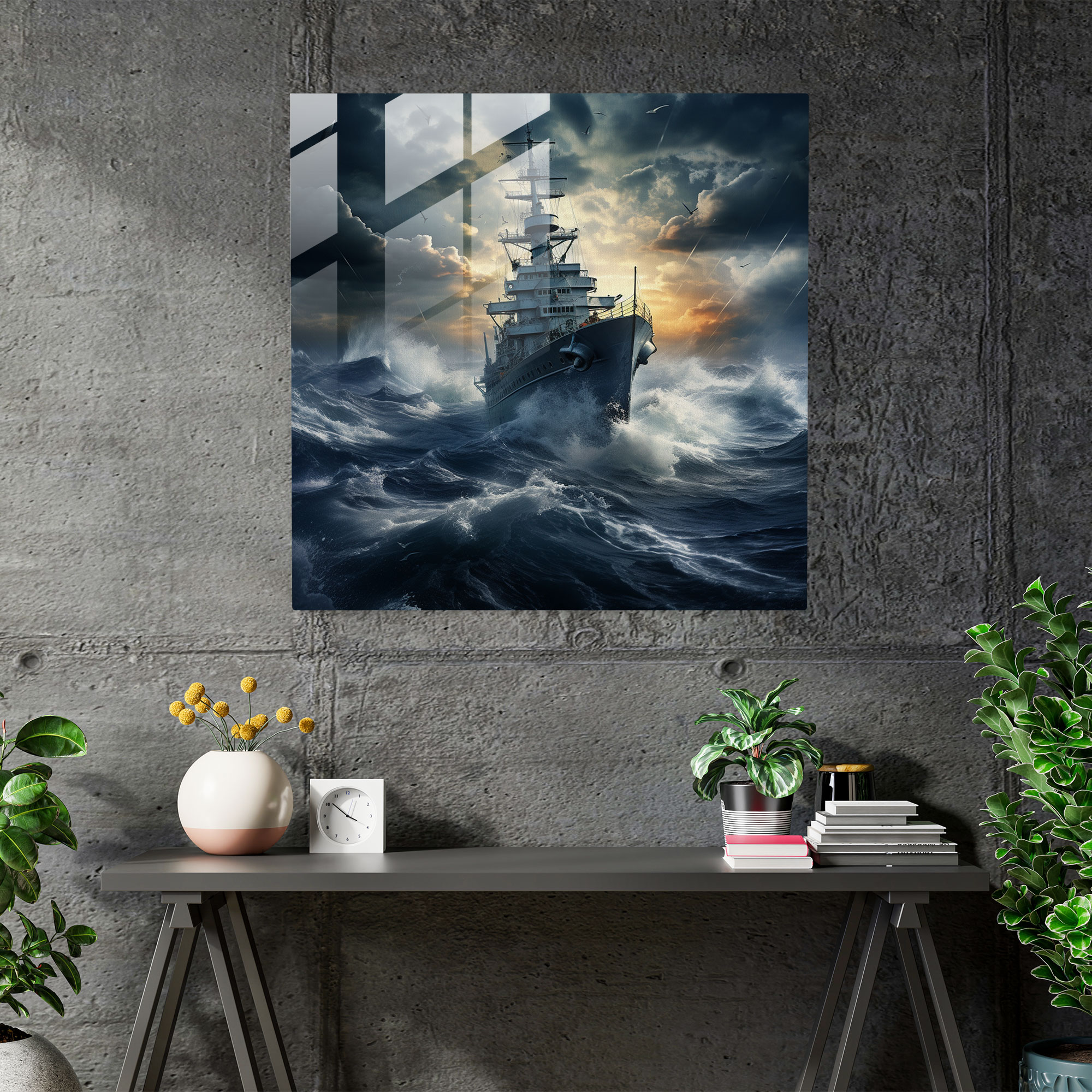 Navy Battleship Glass Print - Stormy Seas - Navy, Stormy Seas, Navy, Battleship