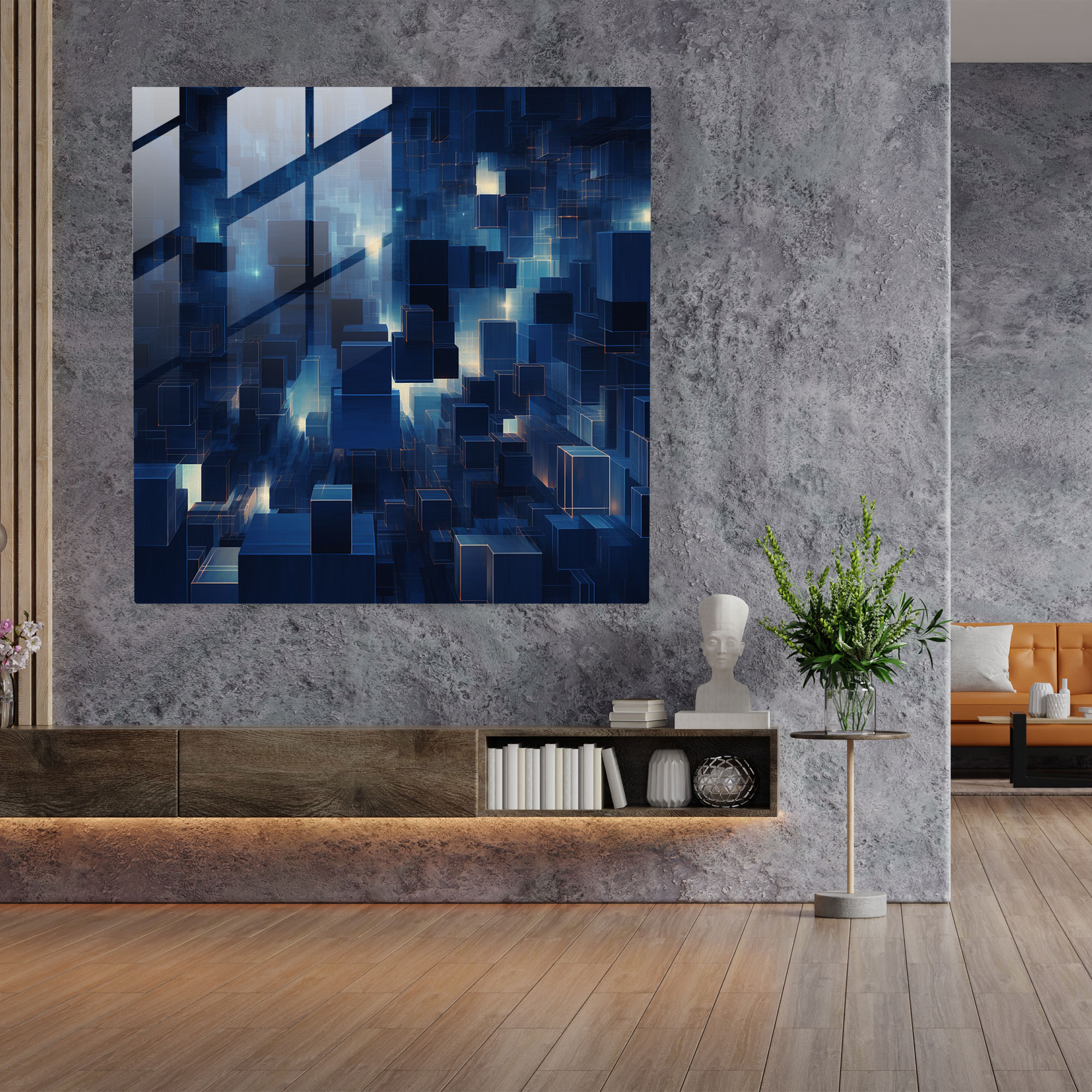 Navy Blue Glass Print - Abstract Cityscape Nights - Navy, Modern Art, Captivating, Glass Art