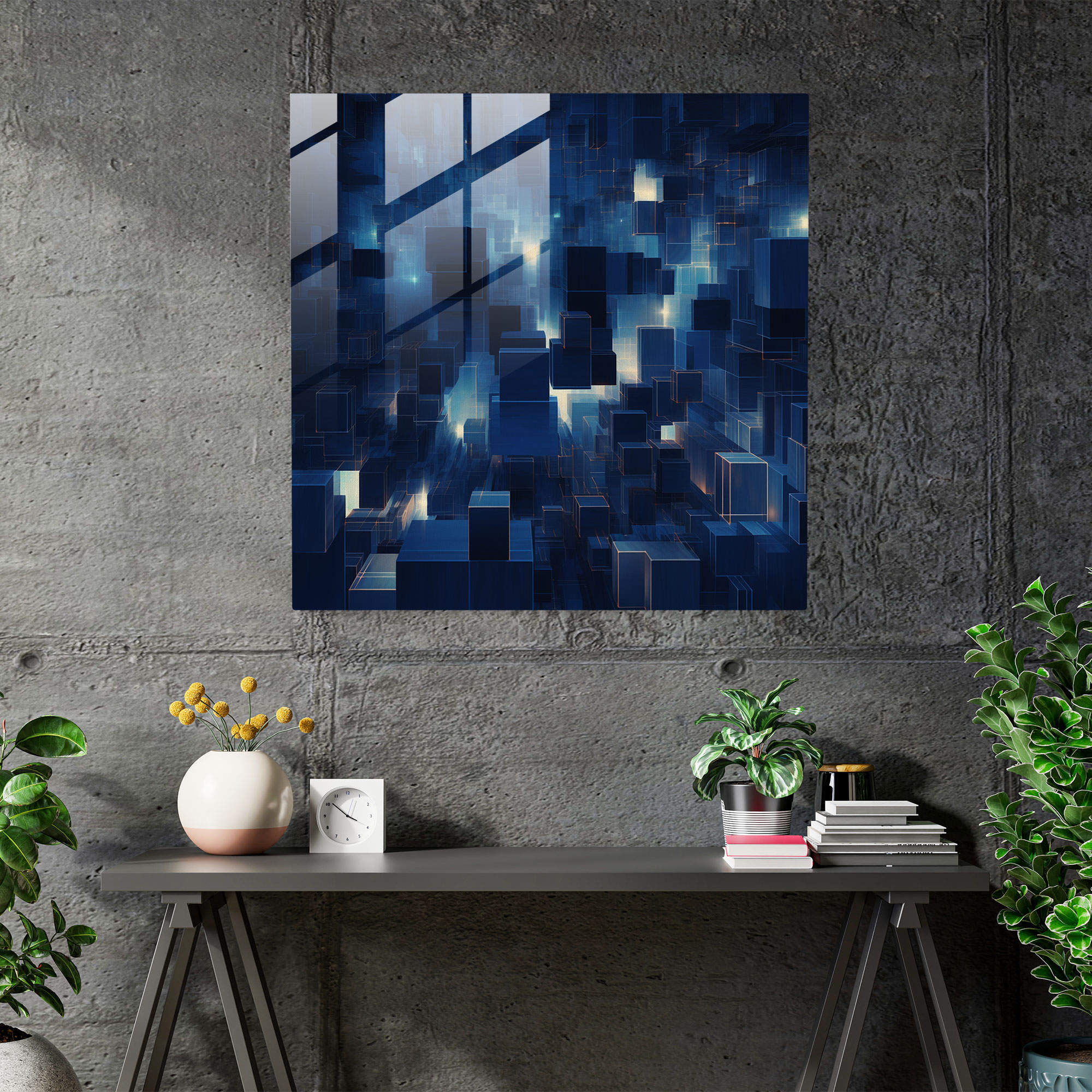 Navy Blue Glass Print - Abstract Cityscape Nights - Navy, Modern Art, Captivating, Glass Art
