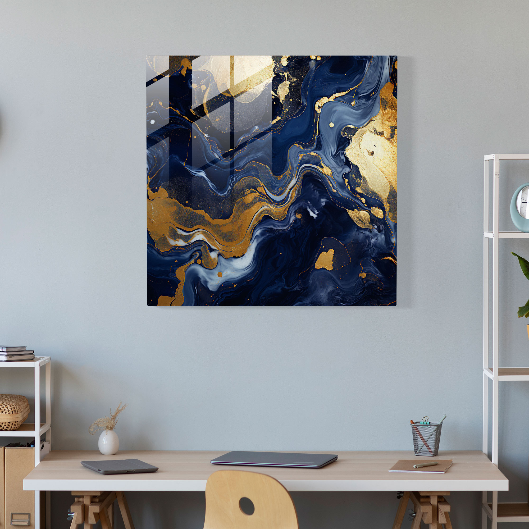 Navy Mavisi Cam Tablo - Zarif Mermer Desenler - Mavi Şıklık Modern Sanat Cam Duvar Sanatı