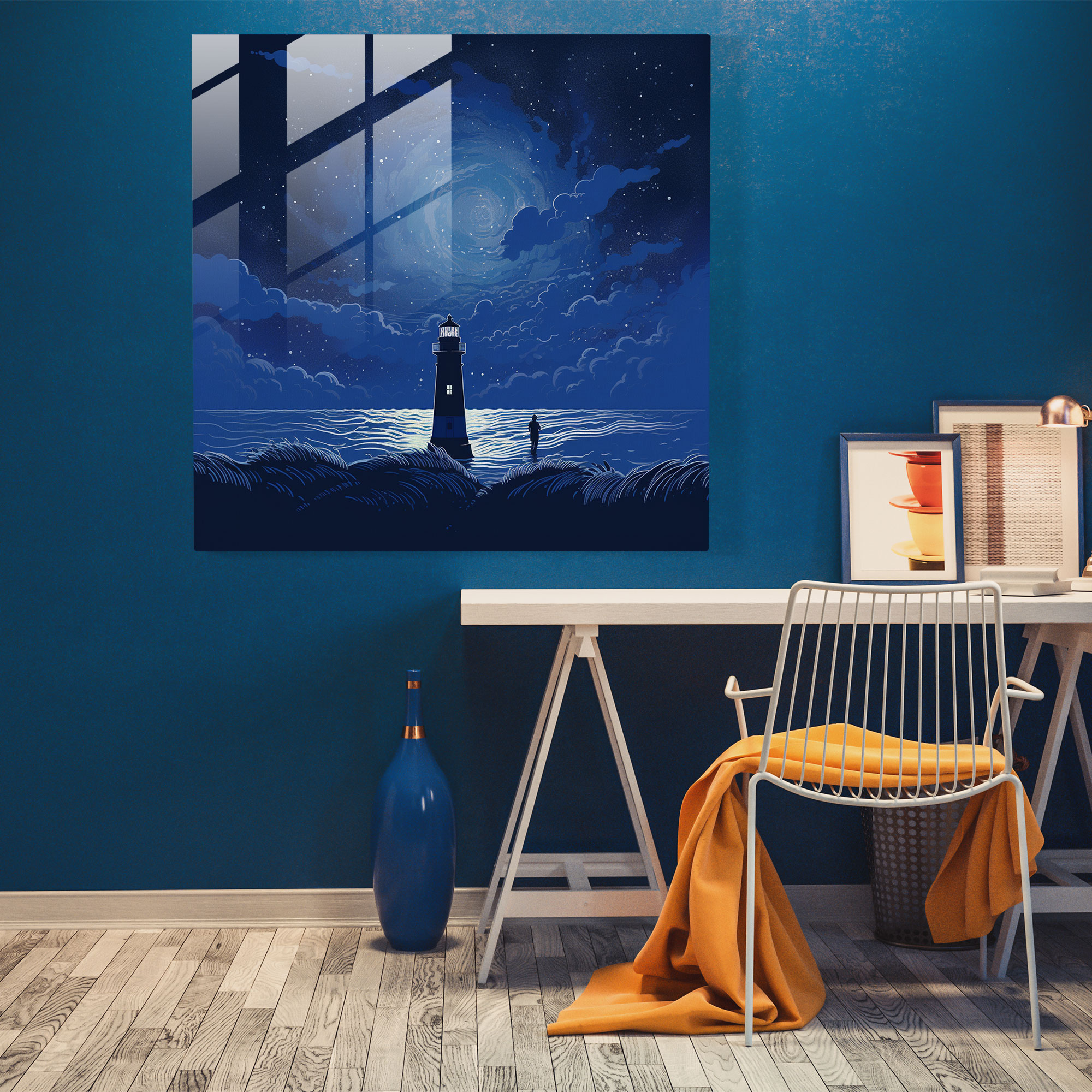 Deniz Mavisi Cam Tablo - Silüet Fener - Modern Sanat