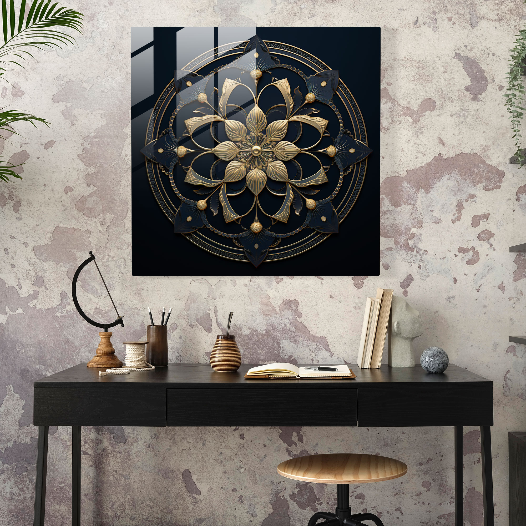 Derin Mavi Cam Tablo - Detaylı Mandalalar - Duvar Dekorasyonu Modern Sanat