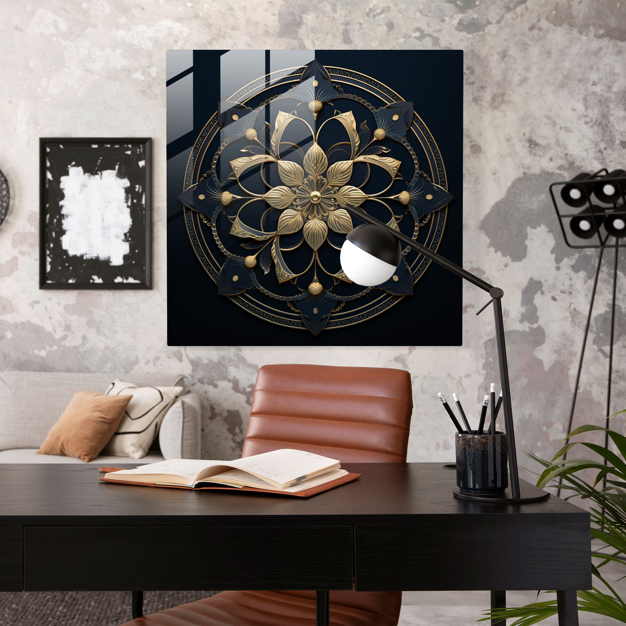 Derin Mavi Cam Tablo - Detaylı Mandalalar - Duvar Dekorasyonu Modern Sanat