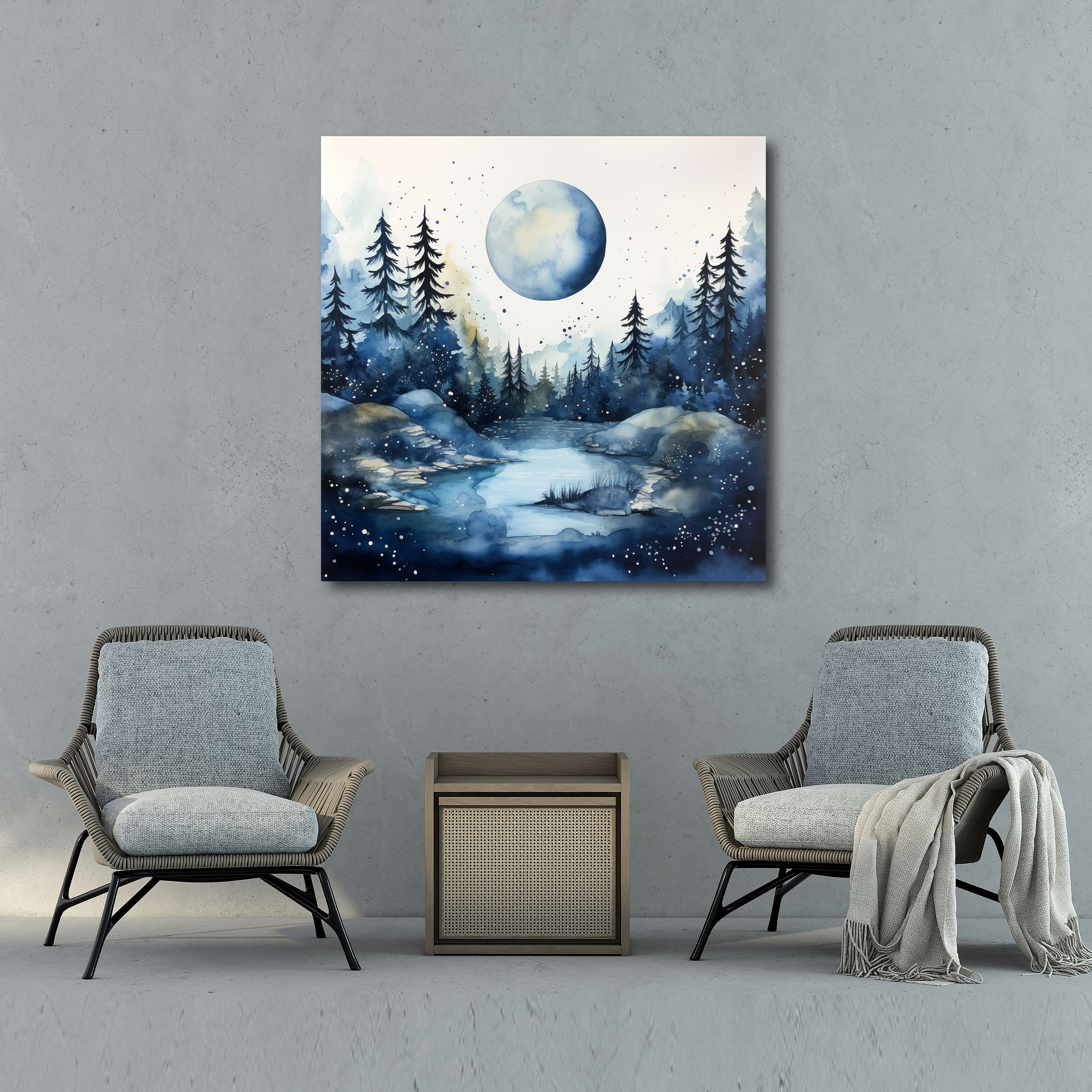 Navy Blue Watercolor Landscape Canvas Print - Navy Blue, Canvas Print, Wall Art, Home Decoration