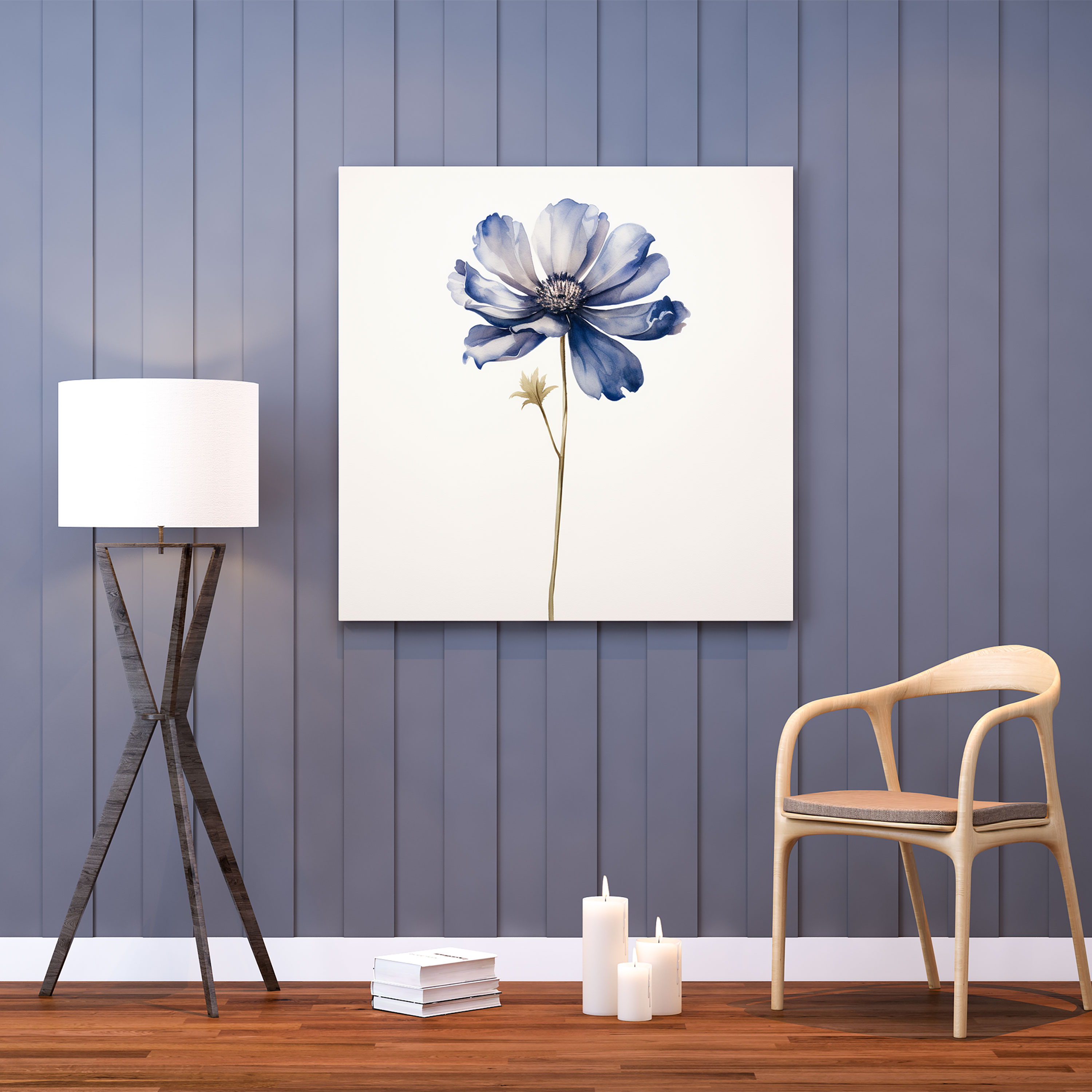 Lacivert Kanvas Tablo - Minimalist Suluboya Sanatı - Duvar Dekorasyonu - Ev Dekorasyonu için Lacivert Çiçekli Kanvas Tablo Sanatı