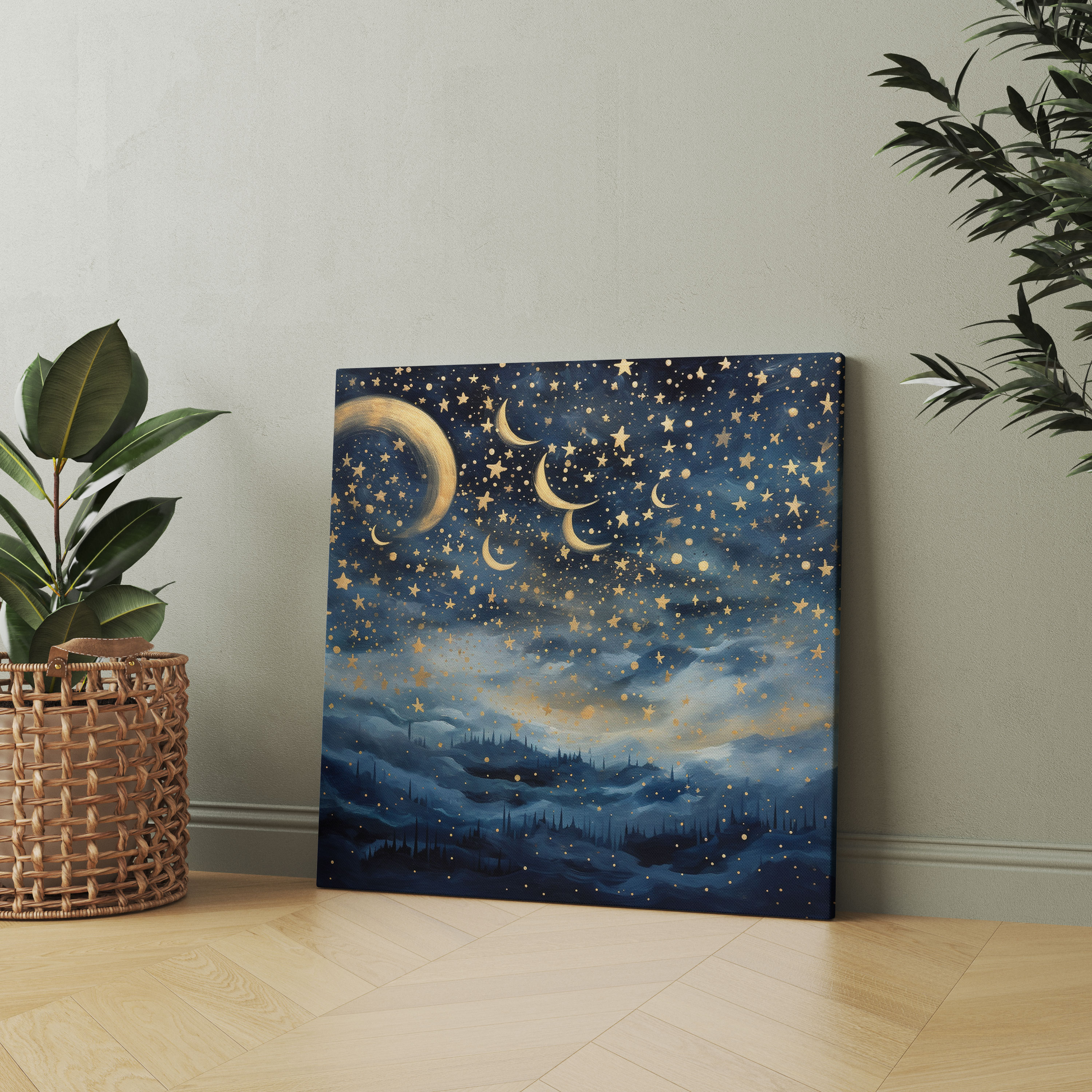 Impressionist Navy Blue Night Sky Wall Art - Navy Blue, Night Sky Stars Crescent Moon, Canvas Wall Art, Canvas