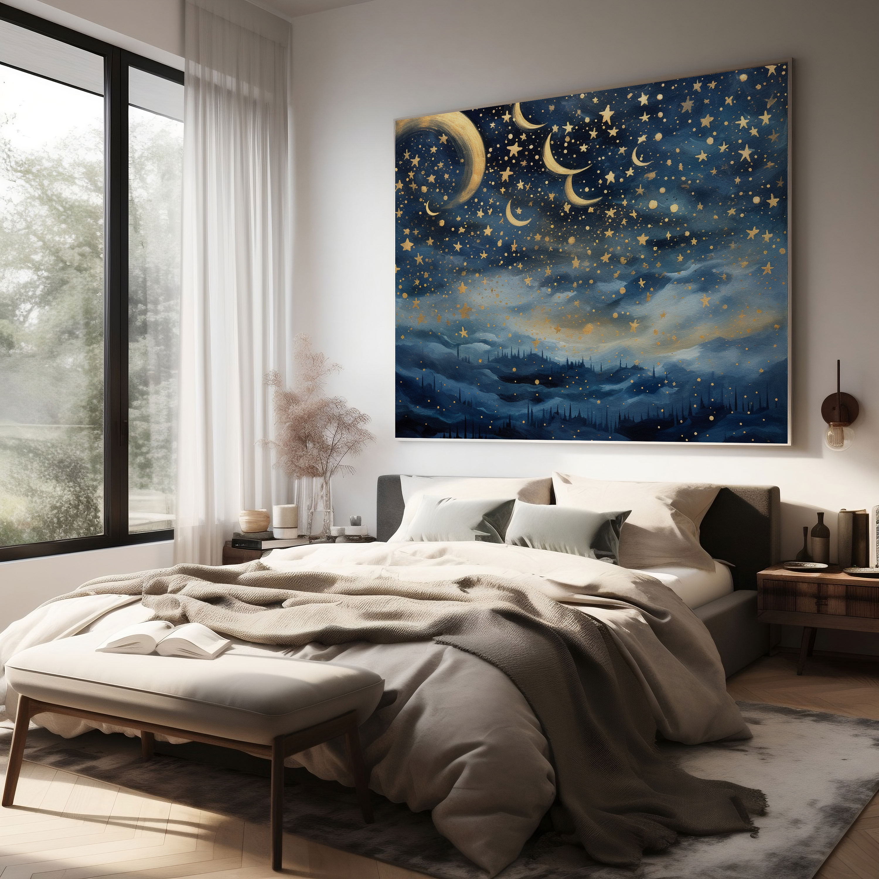Impressionist Navy Blue Night Sky Wall Art - Navy Blue, Night Sky Stars Crescent Moon, Canvas Wall Art, Canvas