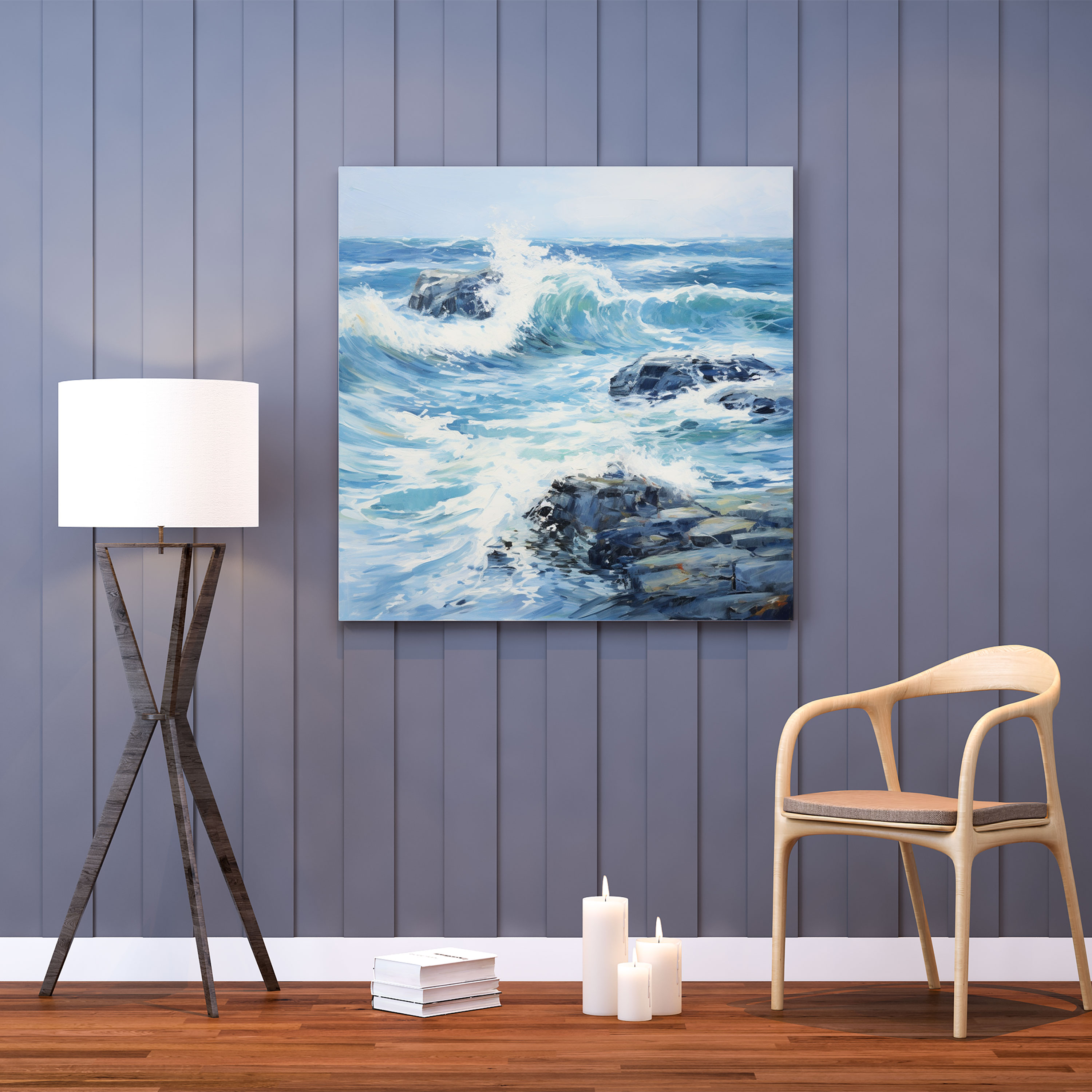 Impressionist Navy Blue Seascape Wall Art - Navy Blue, Navy Blue, Seascape Waves Rocks Impressionist, Canvas Wall Art