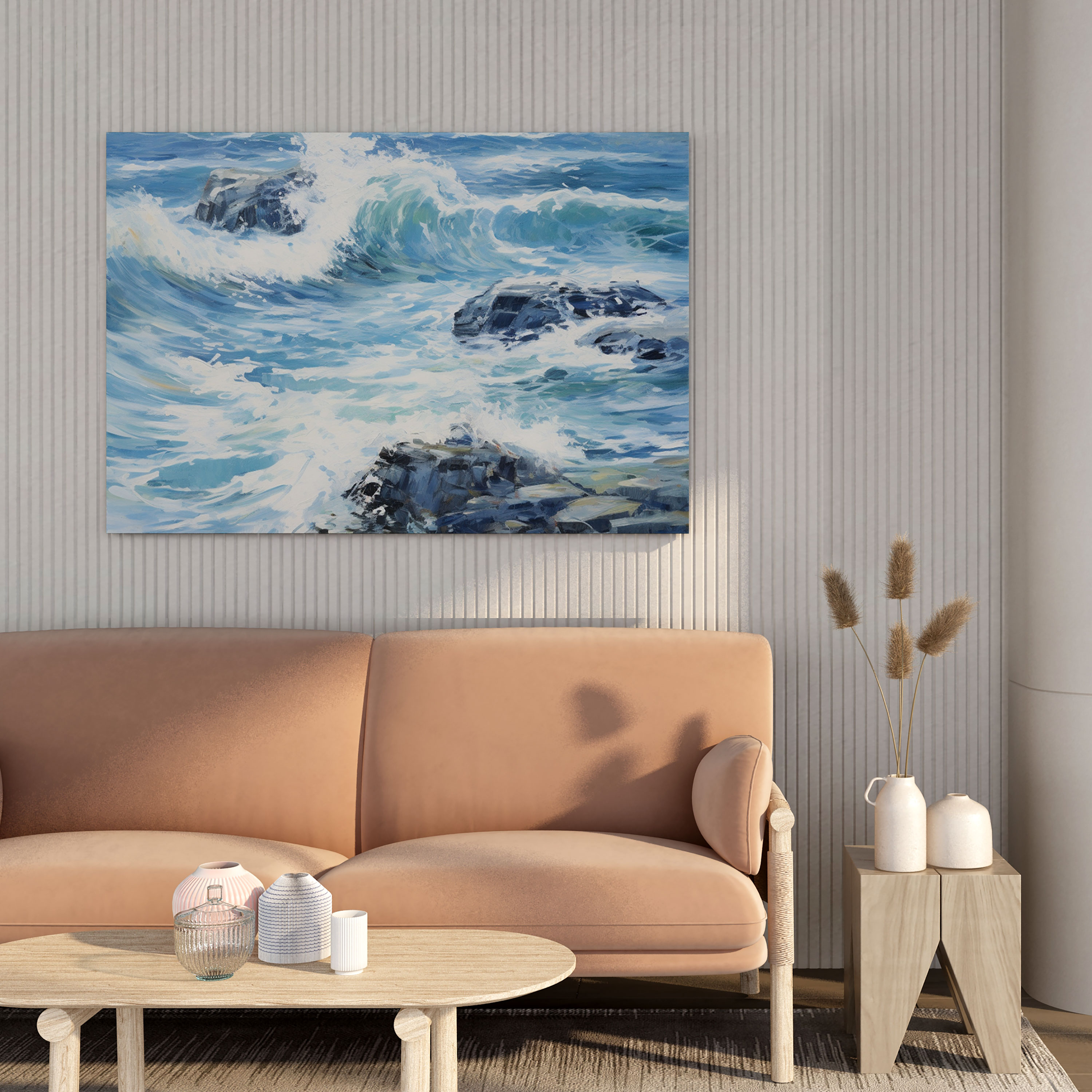 Impressionist Navy Blue Seascape Wall Art - Navy Blue, Navy Blue, Seascape Waves Rocks Impressionist, Canvas Wall Art