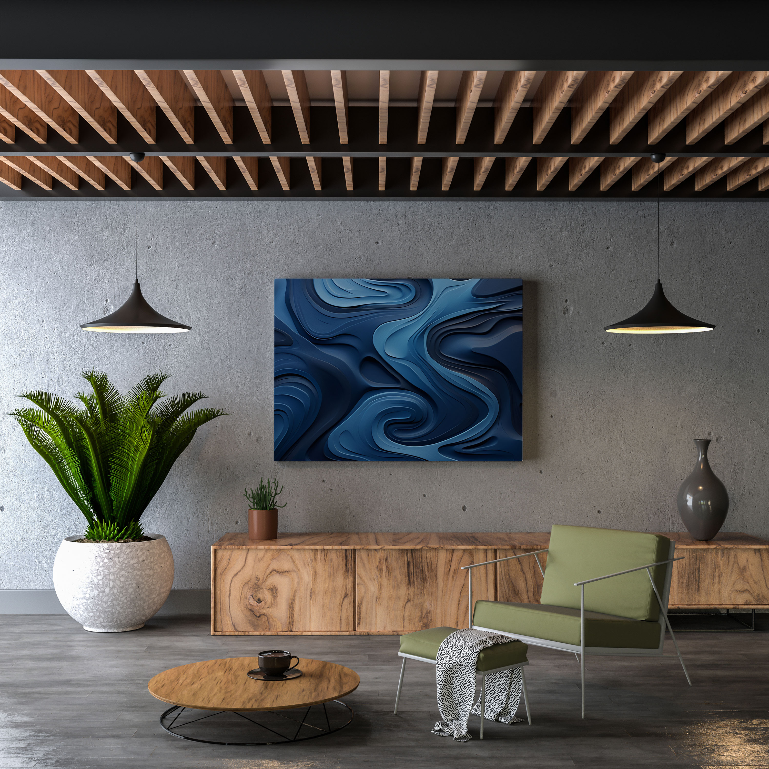 Abstract Navy Blue Flowing Water Wall Art - Navy Blue, Canvas, Wall Art, Abstract Flowing Water Organic