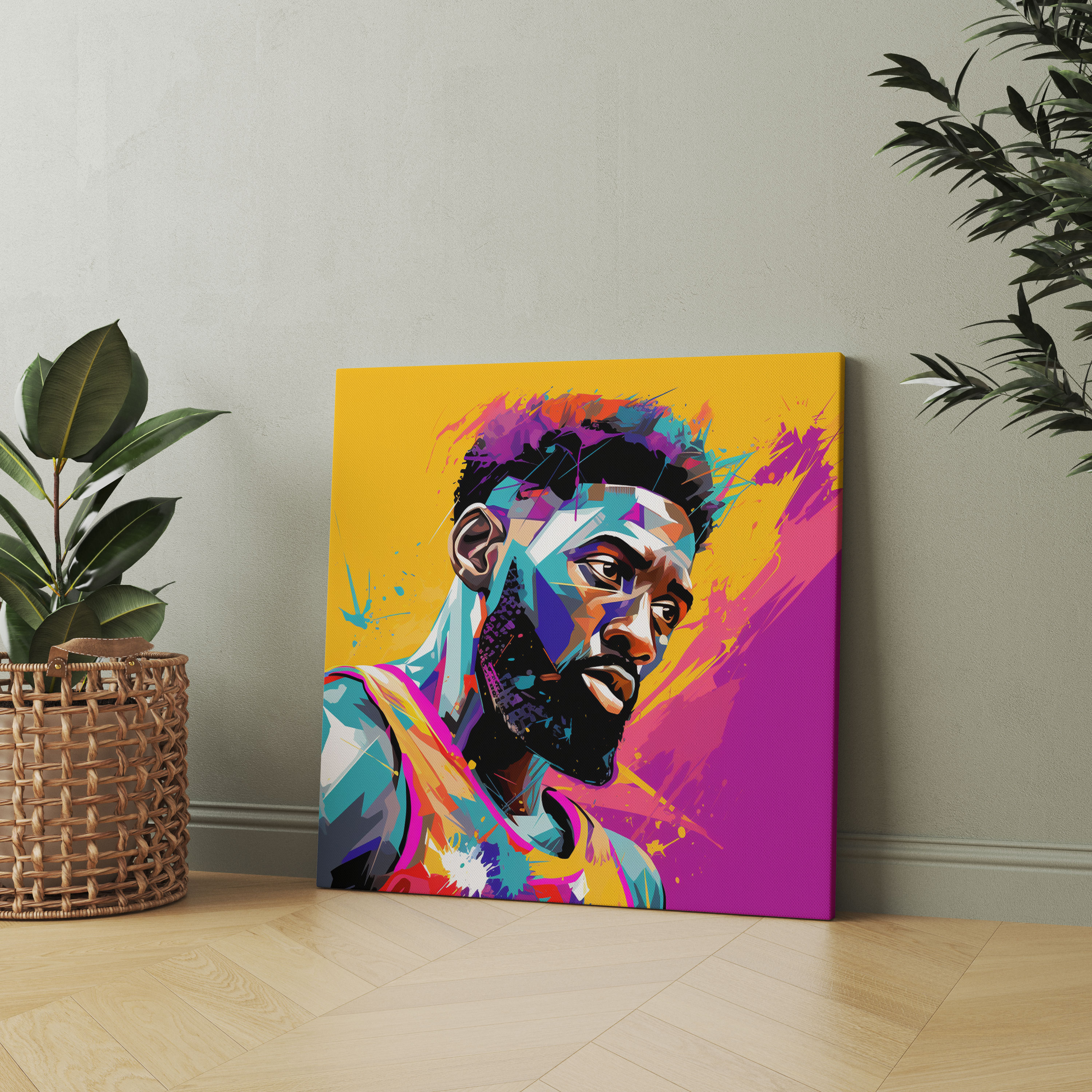 NBA Wandkunst - Pop-Art-Stil Buntes Porträt eines ikonischen Basketballspielers Leinwandbild - NBA Buntes Porträt Persönlichkeit Wohnkultur