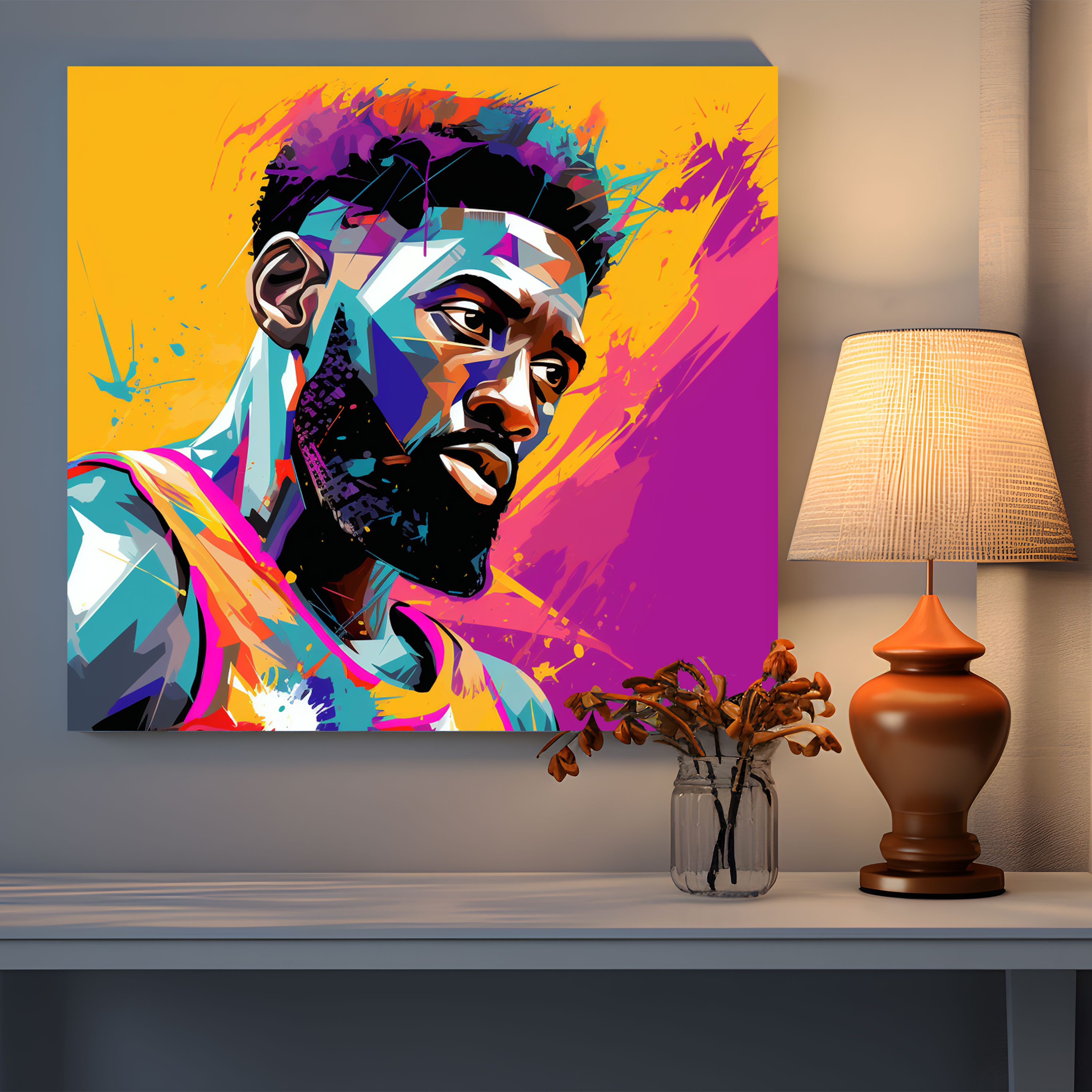 NBA Wandkunst - Pop-Art-Stil Buntes Porträt eines ikonischen Basketballspielers Leinwandbild - NBA Buntes Porträt Persönlichkeit Wohnkultur