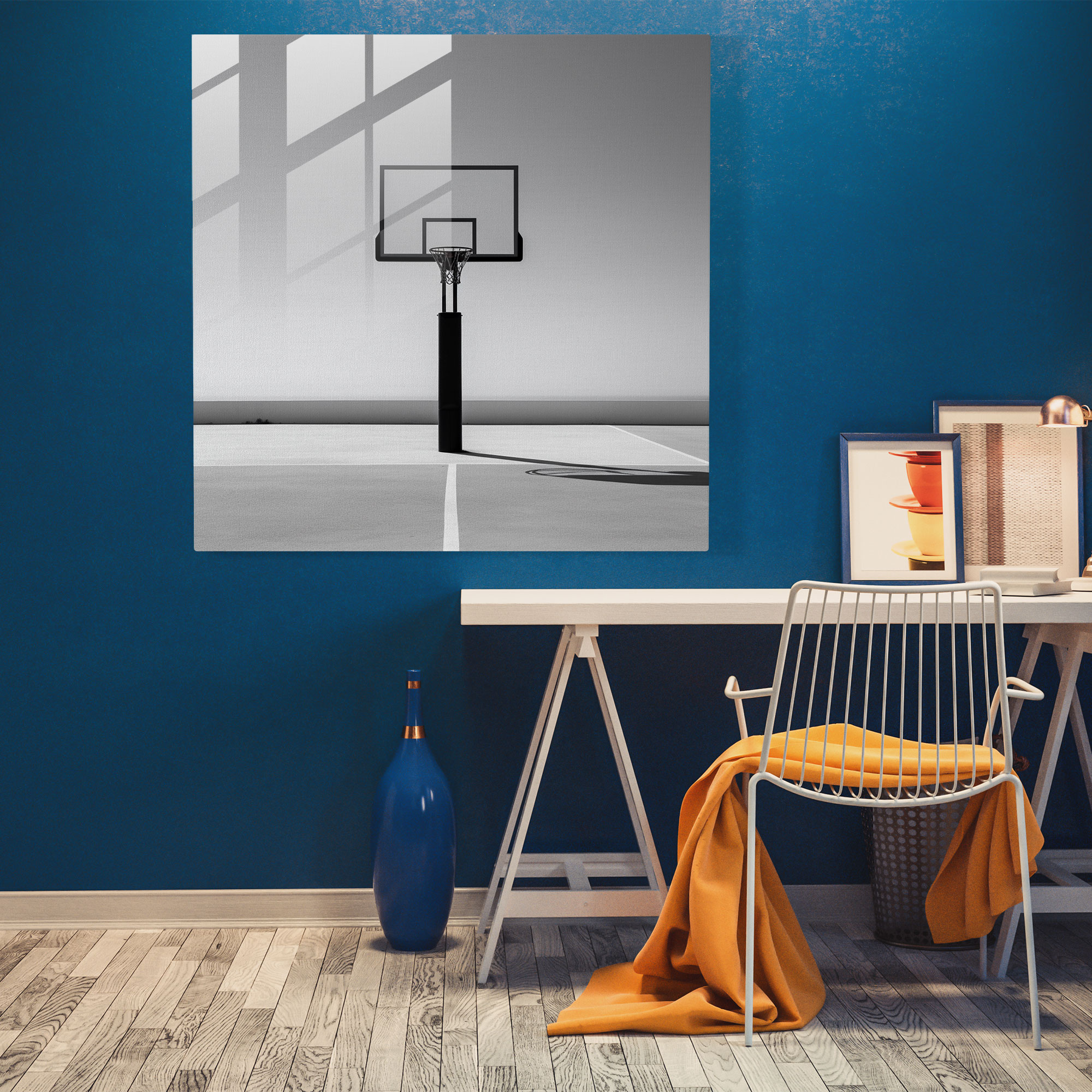 NBA Minimalistisches Schwarz-Weiß-Glasbild - Basketballkorb Wanddekoration
